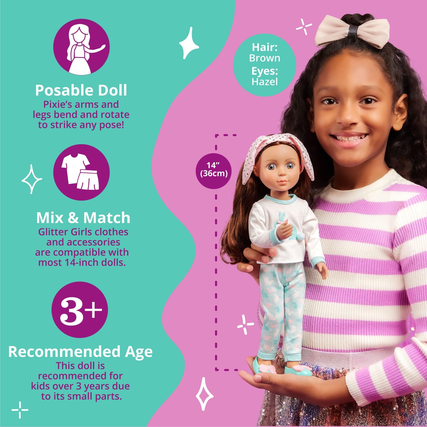 Glitter Girls – 14-Inch Slumber Party Doll – Brown Hair & Hazel Eyes – Slippers & Bunny Loungewear Outfit – Poseable Fashion Dolls – 3 Years + – Pixie