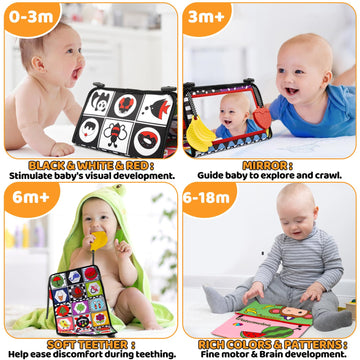 Oukzon Tummy Time Toys, Baby Toys 0-6 Months With Crinkle Book And Teethers, 6-12 Months Infant Mirror Toys High Contrast Baby G