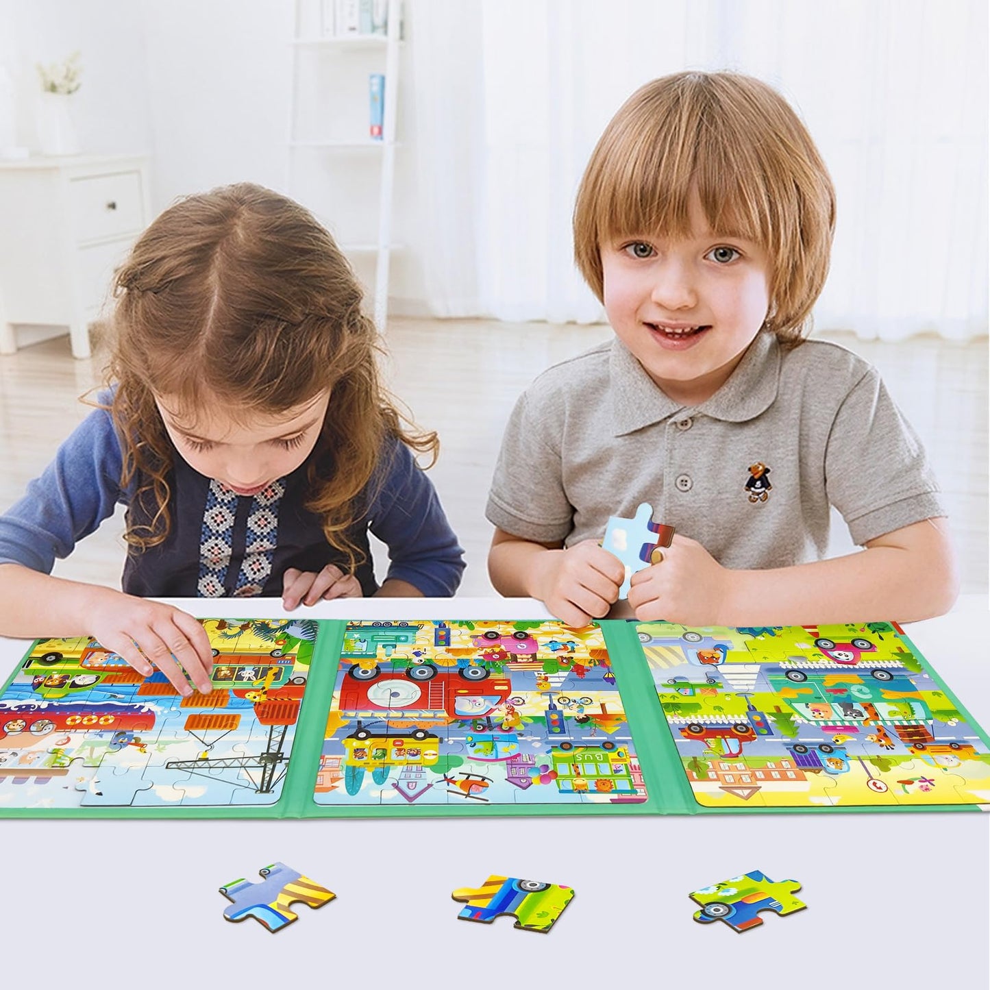 Magnetic Puzzles For Kids Ages 3-5, 3 In 1 Traffic Vehicles Toddlers Magnet Jigsaw Puzzle Book, Kids Travel Road Trip Puzzle Toys For Boys And Girls Ages 4-8 (Traffic)