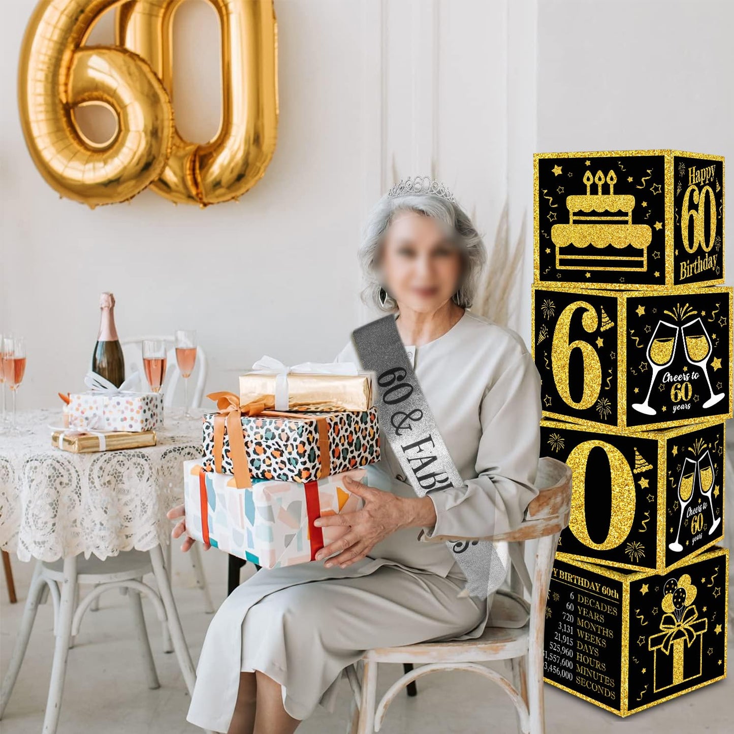 Toniful 4 Pcs 60Th Birthday Decorations Boxes For Men Women,Sixty Years Old Birthday Cardboard Box Party Supplies,Black And Gold