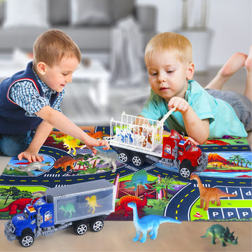 Hayuyuxo 25Pcs Dinosaur Truck Carrier With Dinosaur Playset And Play Mat, Dinosaur Car,Dinosaur Toys And Transport Car Toy Set F