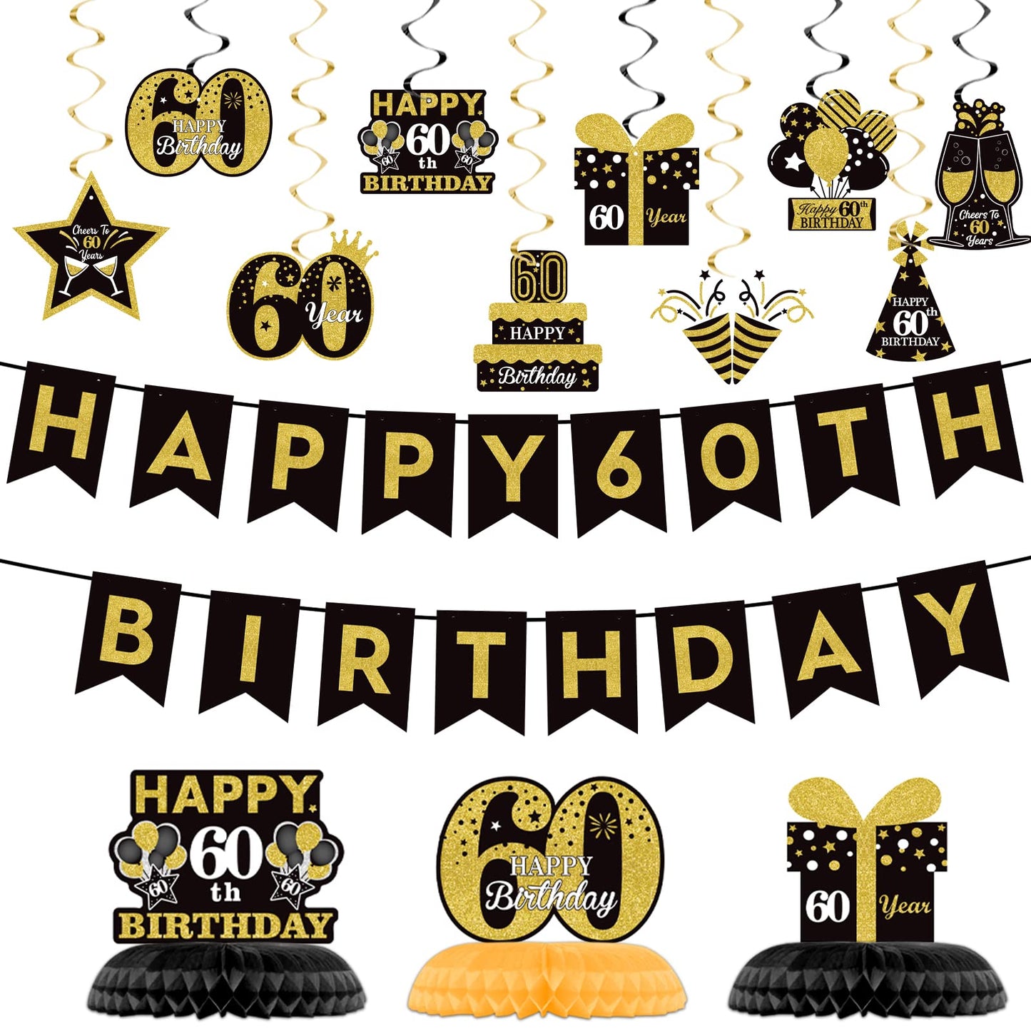 60Th Glitter Black Gold Birthday Banner Party Decorations, Happy 60Th Birthday Decorations Hanging Swirls Banner Honeycomb Centerpieces For Men Women Happy 60 Years Old Bday Party