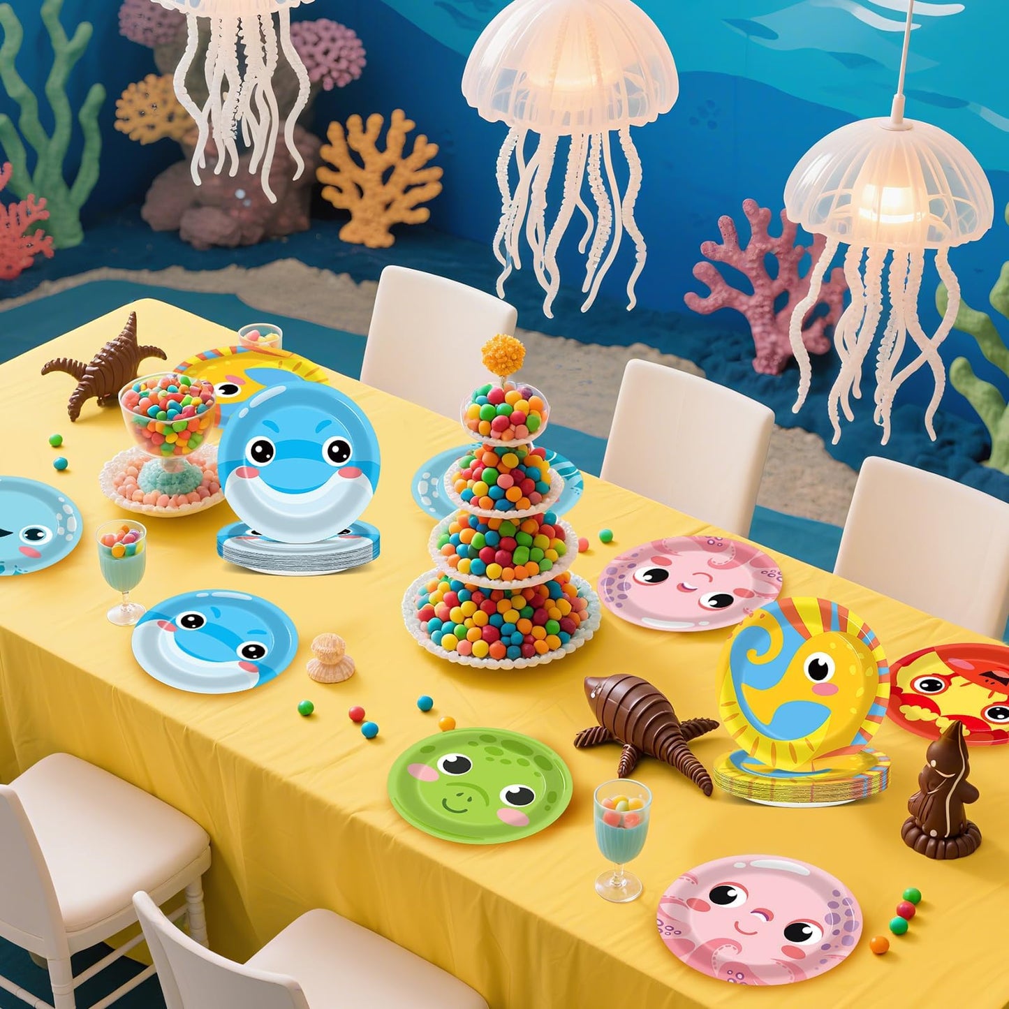 60PCS Under the Sea Party Decoration Ocean Creatures Birthday Paper Plates 7In Sea Animal Dessert Disposable Tableware Set for U