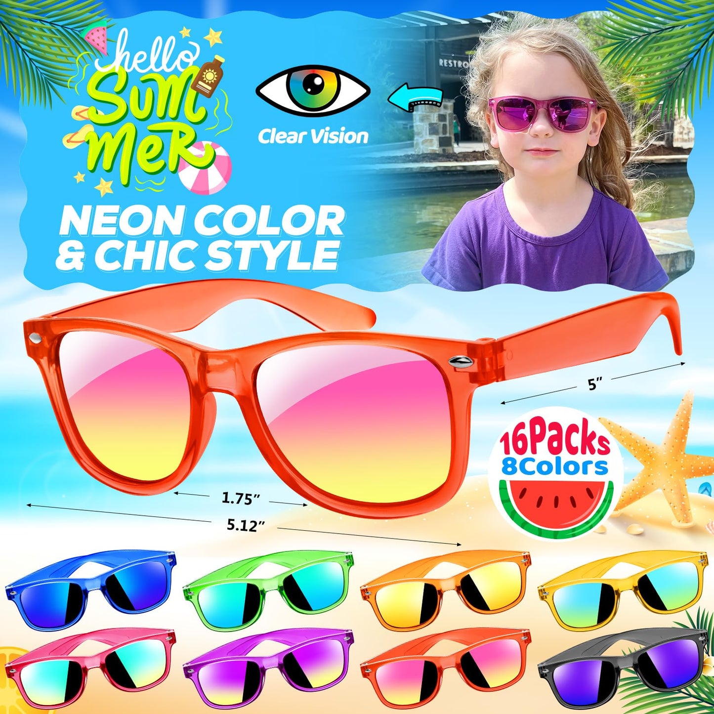 Joycover 16 Pack Kids Sunglasses Bulk, Kids Sunglasses Party Favor, Translucent Sunglasses For Kids With Uv 400 Protection, Part