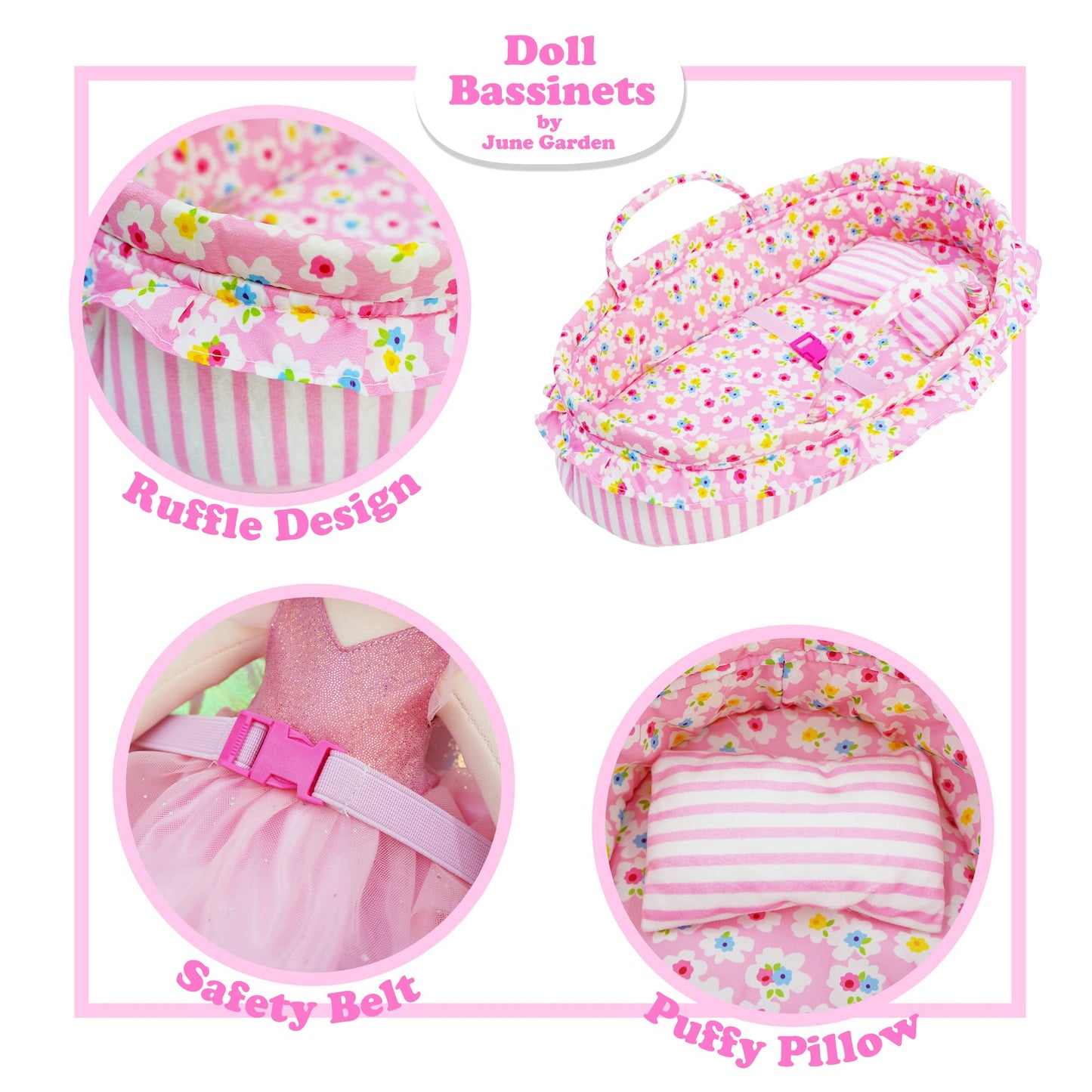 June Garden Cozy Dream Doll Bassinet - Baby Doll Portable Carrier - Fits For American Girl Dolls Up To 18'' - Soft Pillow & Safe