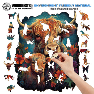 Woodbests Wooden Puzzle For Adults, Highland Cattle Family Puzzle (L, 280Pcs, 10.7'X13.3') Beautiful Wooden Box, Wooden Jigsaw Puzzles Unique Shape, Birthday Gifts For Adults And Kids Family Game