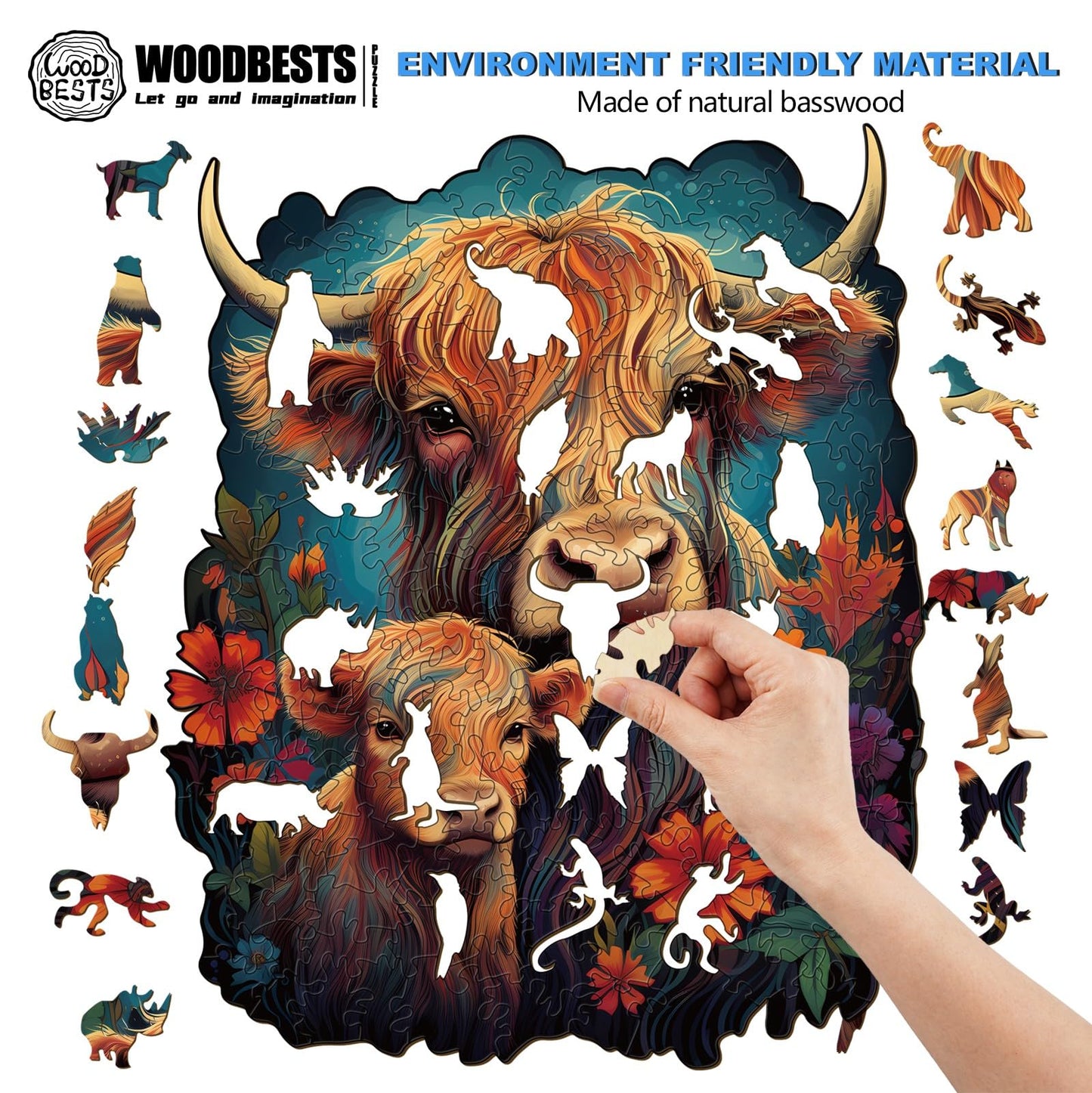 Woodbests Wooden Puzzle For Adults, Highland Cattle Family Puzzle (M, 200Pcs, 9.2'X11.4') Beautiful Wooden Box, Wooden Jigsaw Puzzles Unique Shape, Birthday Gifts For Adults And Kids Family Game