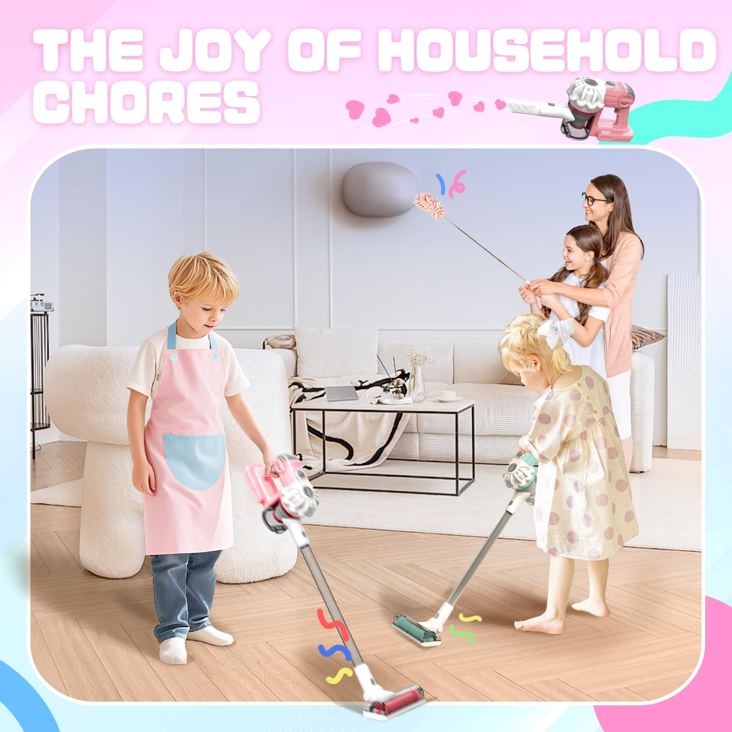 SMILESSKIDDO 3-in-1 Kids Vacuum That Really Works - Toy Vacuum Includes 3 Nozzles, Apron, Cleaning Cloth, Duster & Colorful Bead