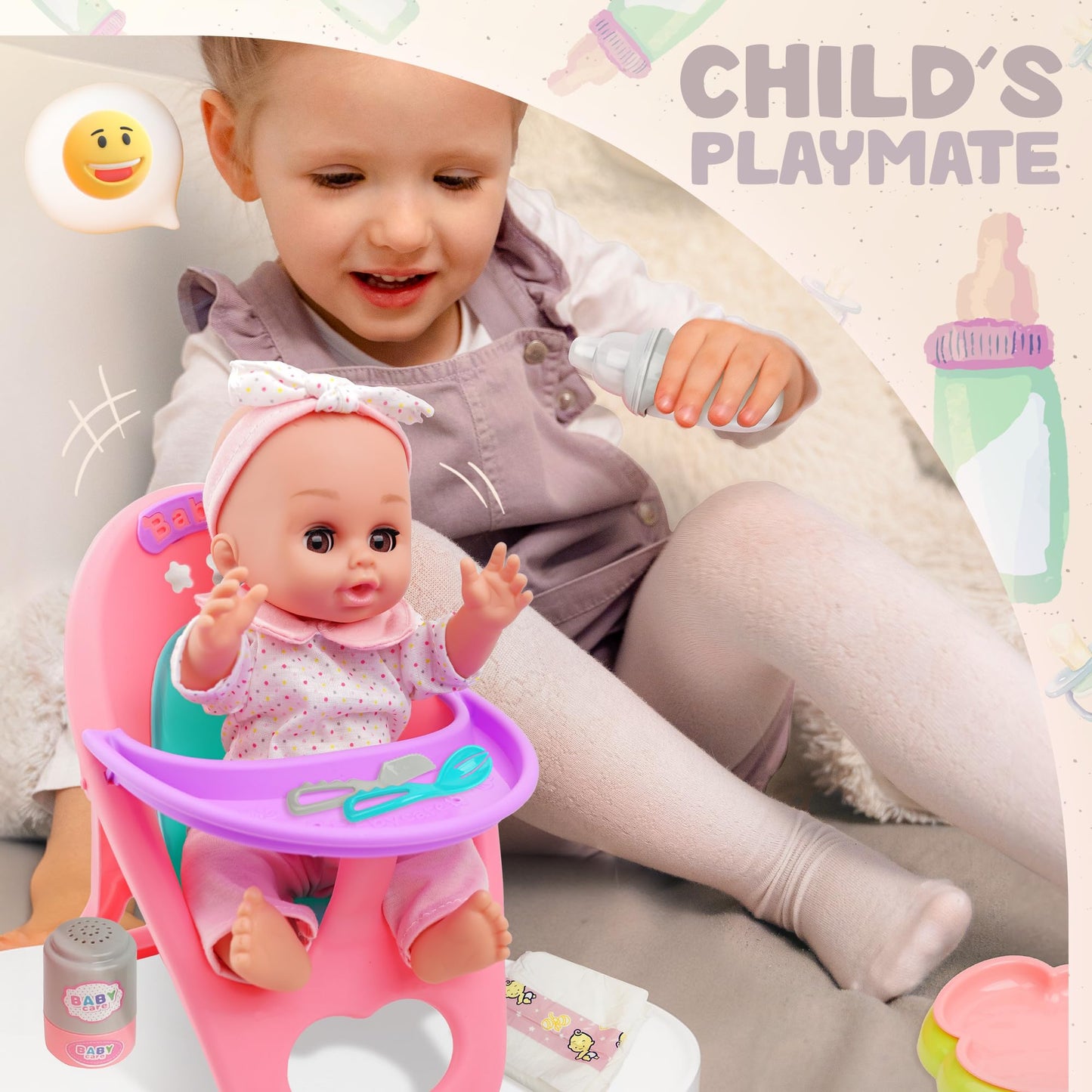 14'' Baby Doll, Dolls Play Set With Open/Close Eyes | 15 Piece Gift Set With Bottle, High Chair, Pacifier & Accessories | First