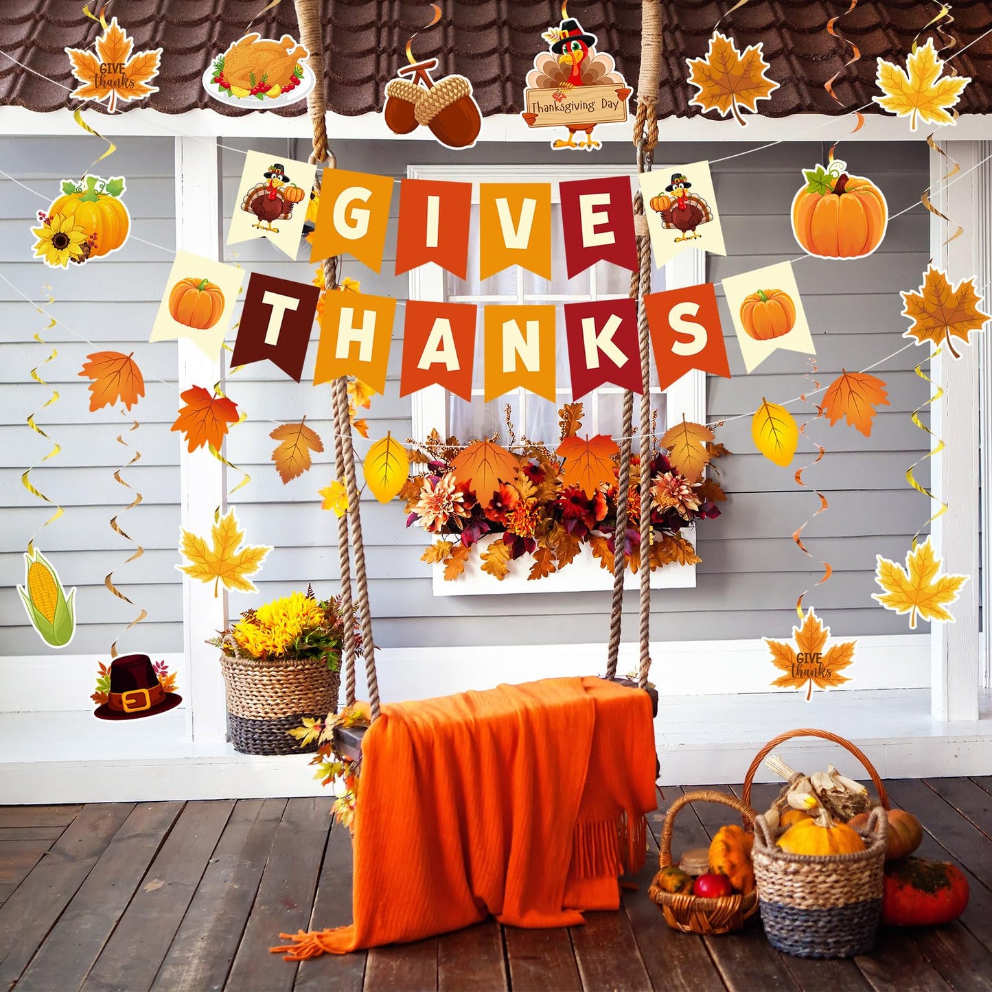 Tiamon 63 Pcs Thanksgiving Decorations Give Thanks Banner Fall Leaf Garland Turkey Pumpkin Hanging Swirls Decor Triangular Bunti