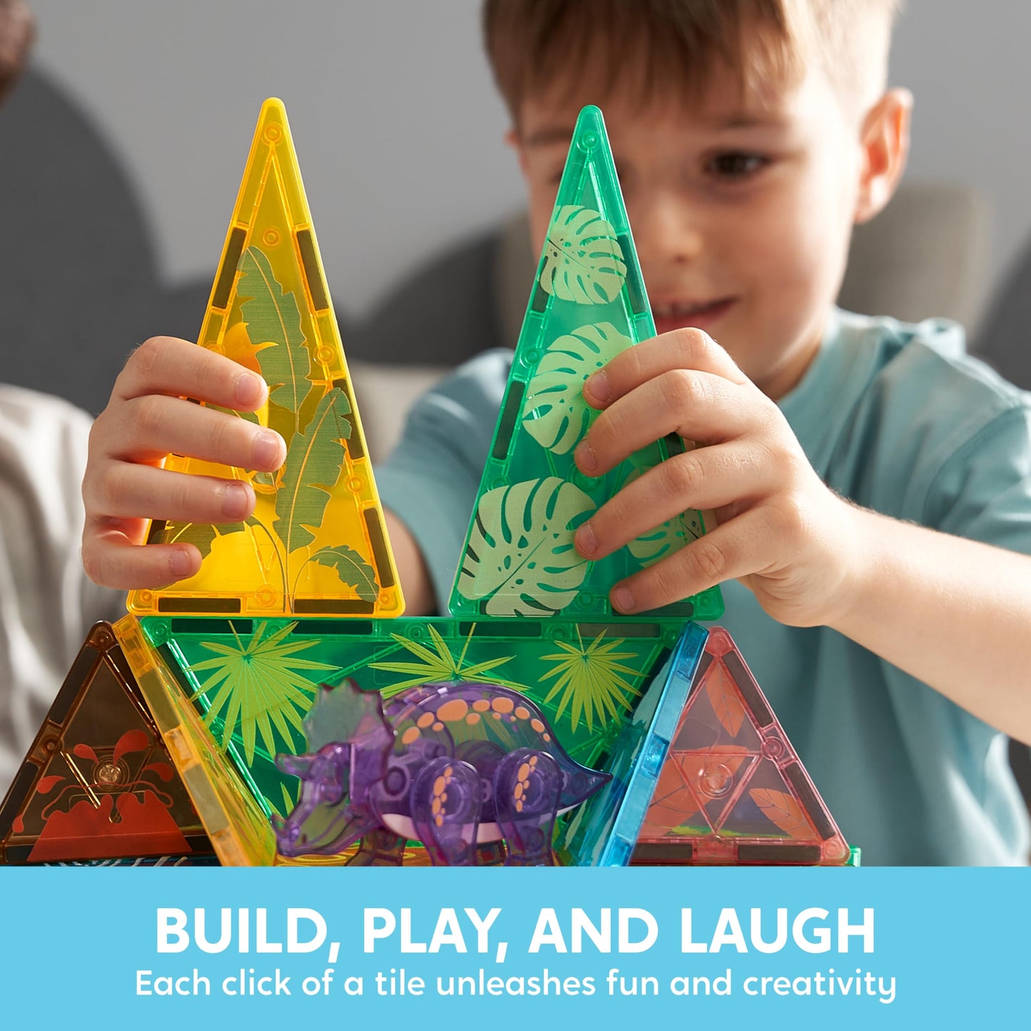 Syncfun Magnetic Building Tiles Dinosaur Set For Kids, 50Pcs Including 5 Cute Dinosaurs, Educational Stem Toy For Boys & Girls A