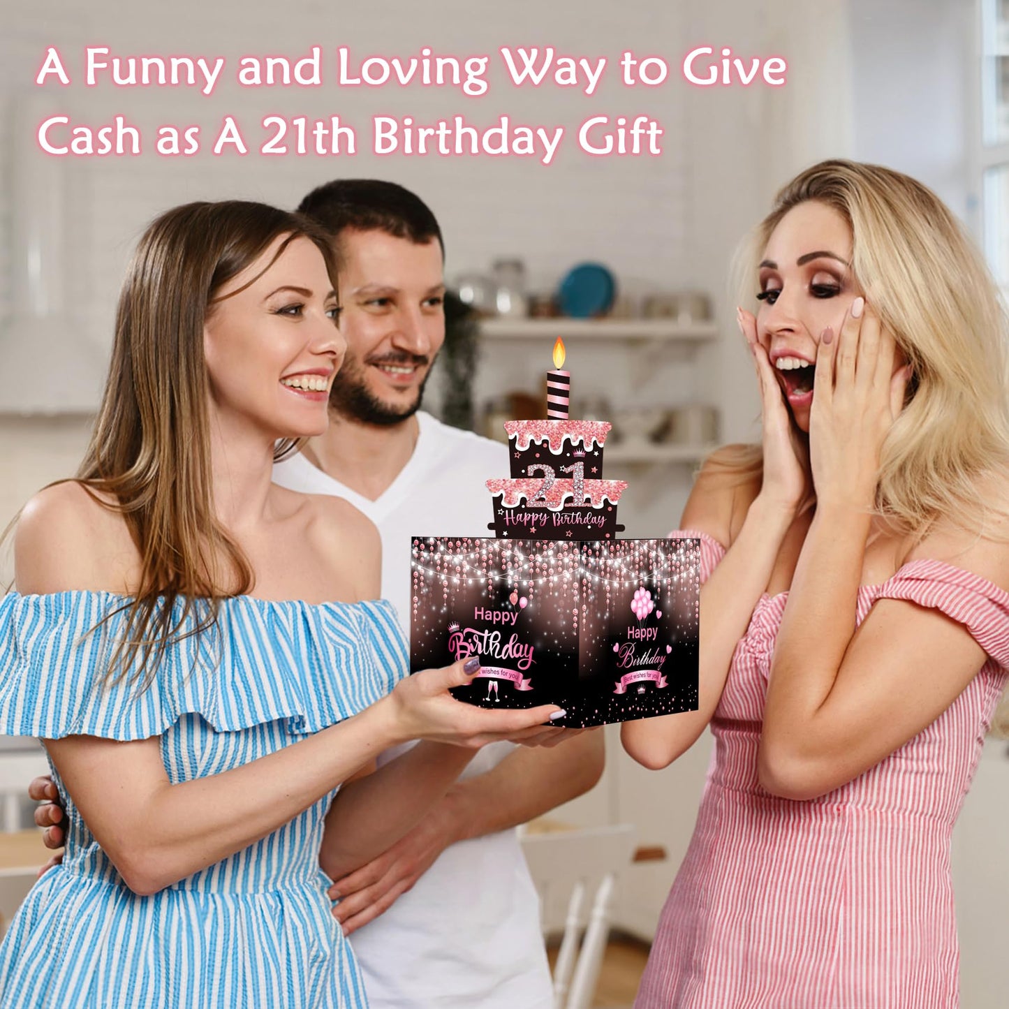 Meiidoshine Birthday Money Gift Box With Diy Stickers For Any Ages, Pink Surprise Money Holder For Cash Gift With Pull Out Happy