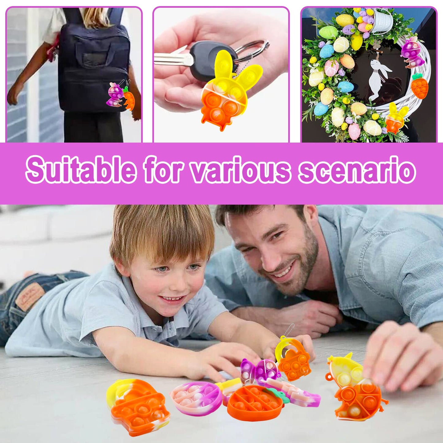 Jdsty 24Pcs Easter Mini Pop Keychain,Mini Easter Fidget Sensory Simple Pop Toys For Easter Basket Stuffers, Egg Fillers Gifts, E