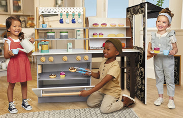 Little Tikes Real Wood Caf & Bakery Exclusive Wooden Play Kitchen with Realistic Lights Sounds and Dual-Sided, 20+ Accessories