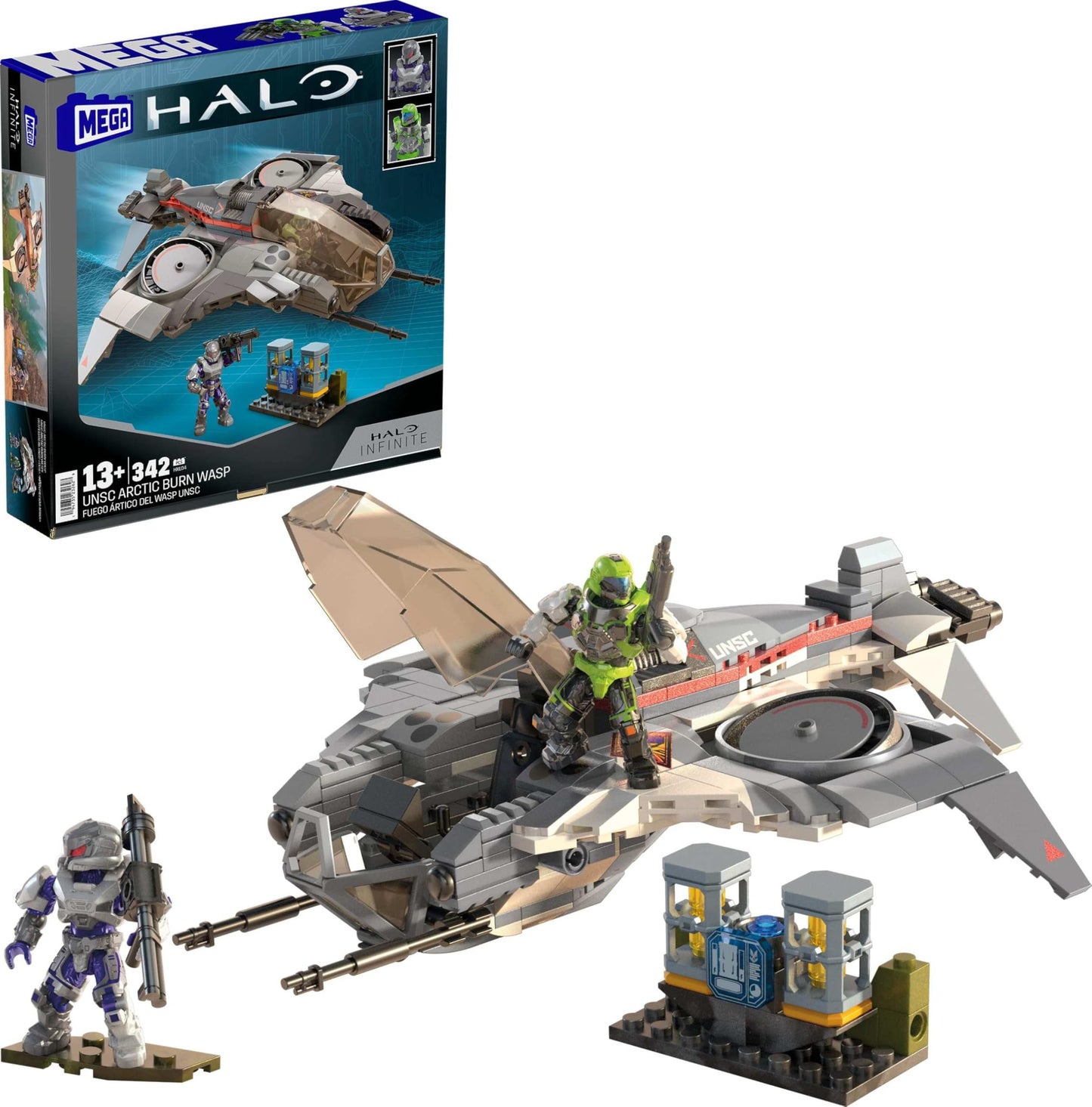 Mega Halo Action Figure Building Toy, Unsc Arctic Burn Wasp With 342 Pieces And 2 Poseable Figures, For Collectors