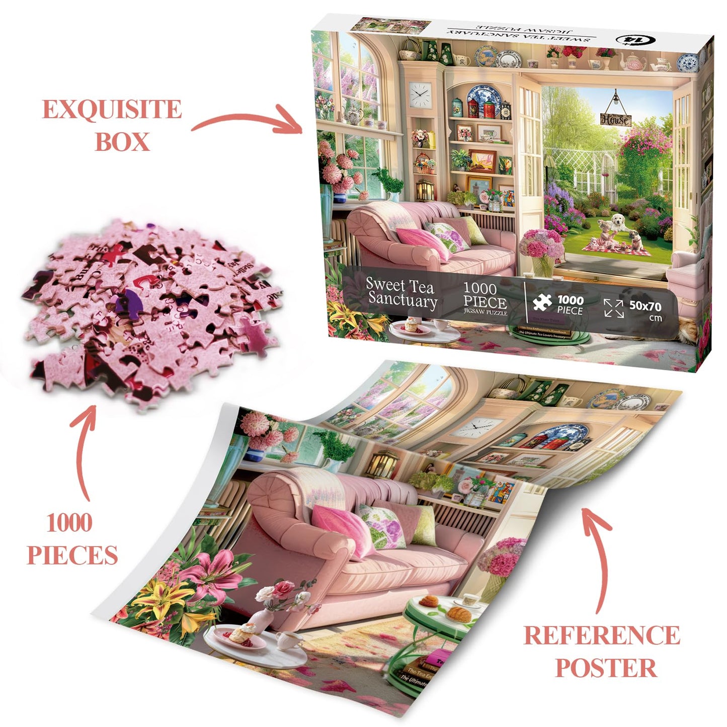 Tea Time Cabin Puzzle 1000 Piece For Adults, Book Cozytime Garden Jigsaw Puzzles, Dog Plant Puzzle