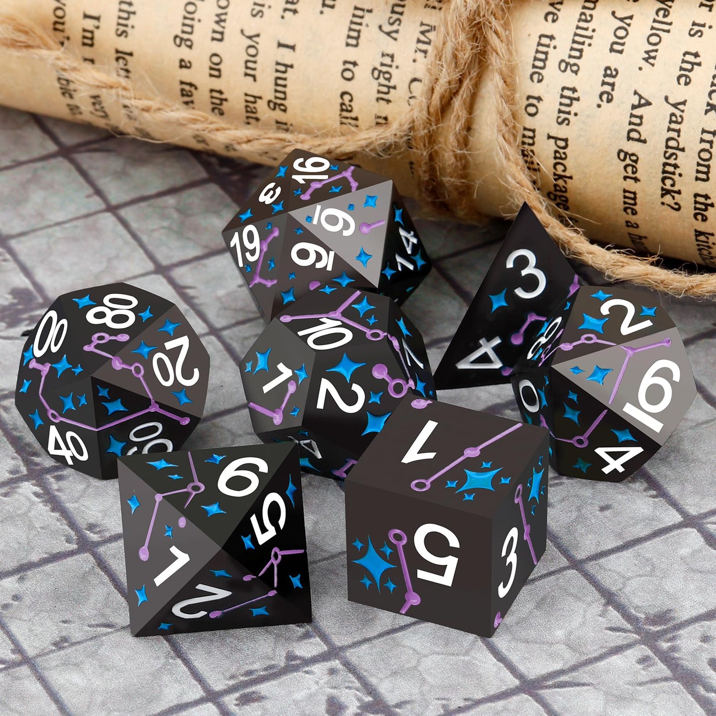 PJOY Metal Dice Set D&D Star Dice Set DND Polyhedral Dice for RPG Role Playing Games Dungeons and Dragons TTRPG Black Purple Blu