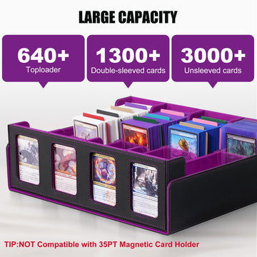 Kabinka Trading Card Storage Box - 2400+ Card Deck Case, Black & Purple, 4-Row with Removable Lid, Includes 4 Toploaders & Dice Bag