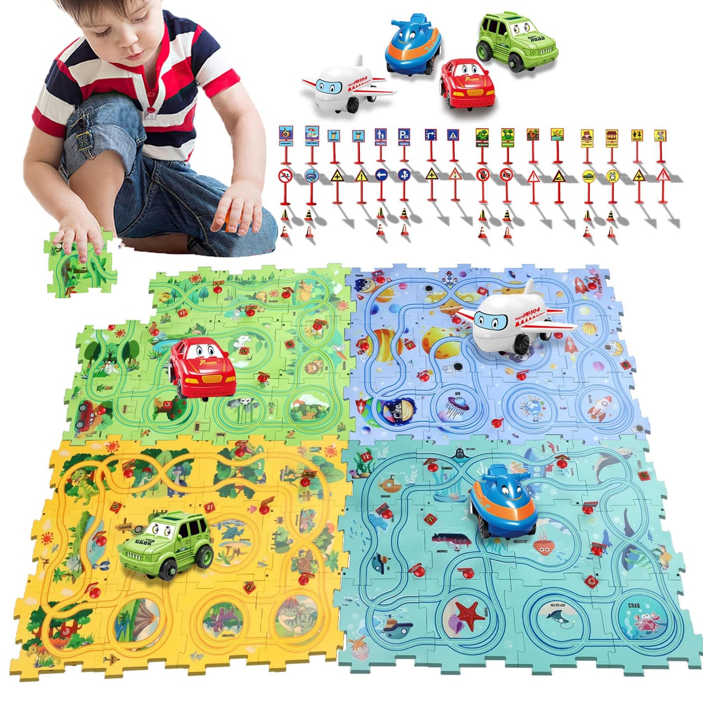 Puzzle Racer Kids Car Track Set With Cars Puzzle Racer Car Track Set For 3-8 Year Old Best Holidays&Birthday Gifts For Kids (25P