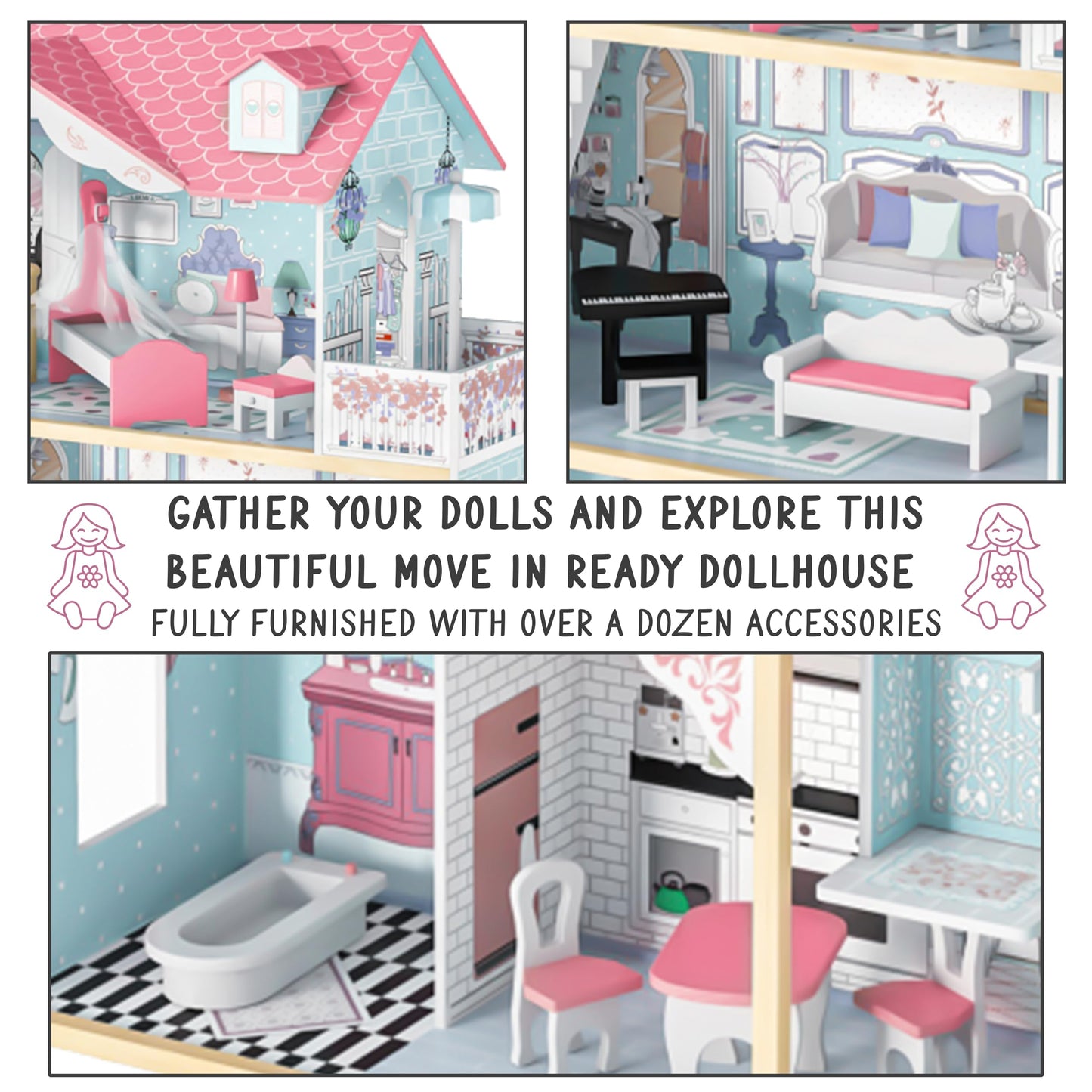 Lil' Jumbl Kid'S Wooden Pink Dollhouse With Elevator, Balcony & Stairs, Accessories & Furniture Included, 3 Story Easy To Assemble Dollhouse Toy - X-Large