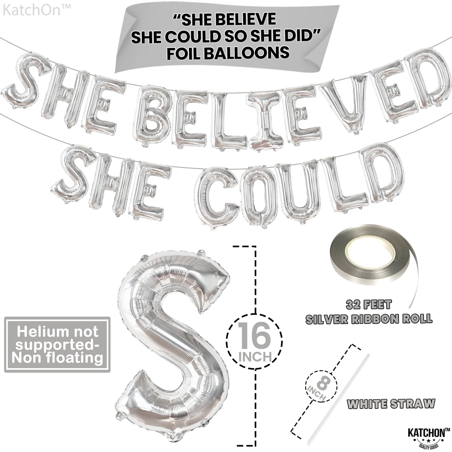 Katchon, Silver She Believed She Could So She Did Balloons - 16 Inch | Congrats Balloons For Congratulations Decorations | Graduation Balloons Class Of 2025 For Graduation Decorations Class Of 2025