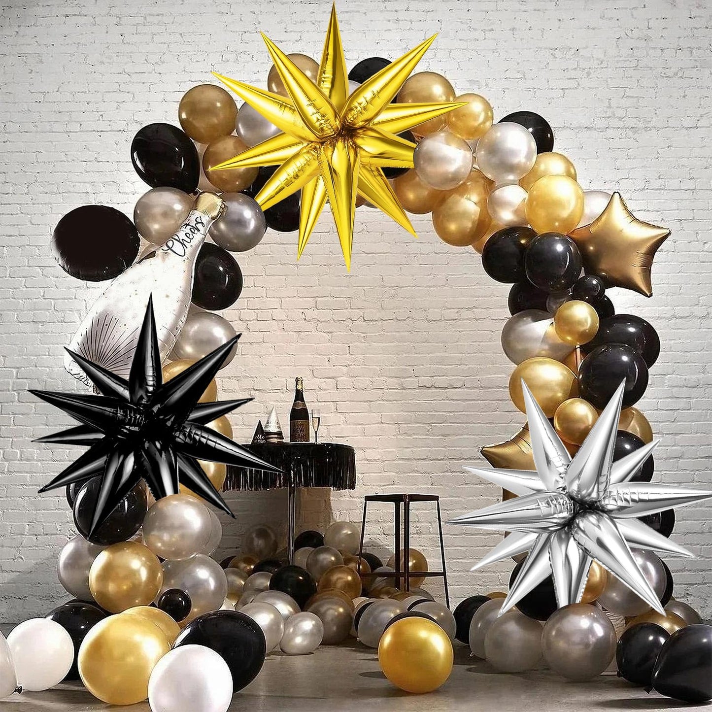 Black Gold Silver Metallic Star Balloons, 36 Pcs Big 25 In Explosion Star Foil Balloons, Starburst Cone Mylar Balloons, Spike Ba