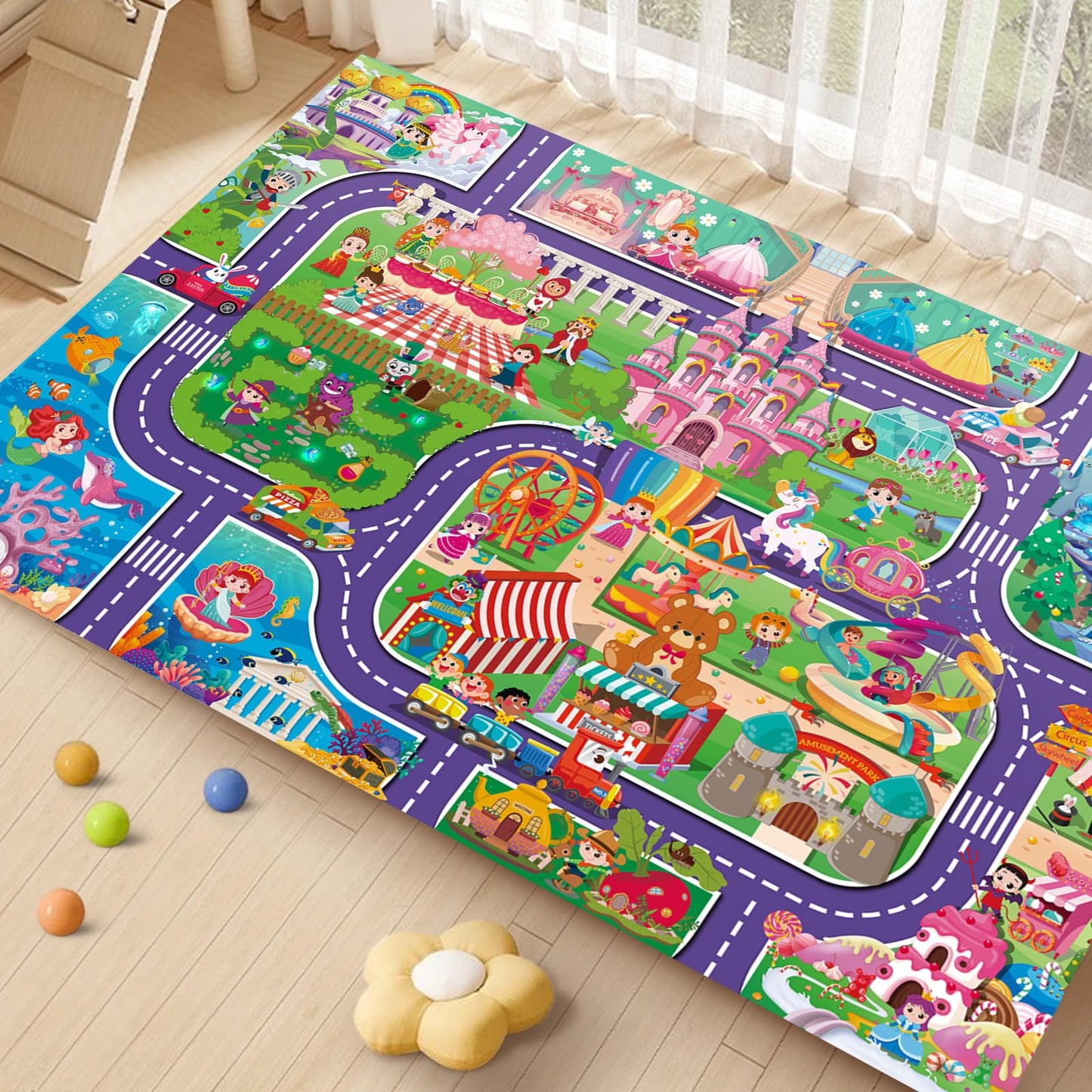 Oriate Kids Dream Mat Girls Toy Car Playmat, Princess Castle Girl Pink Kids Play Mat, Parent-Kid Interaction Pretend Game Mat For Playroom Classroom Bedroom Floor Decor, Ideal Girl Toys Play And Learn