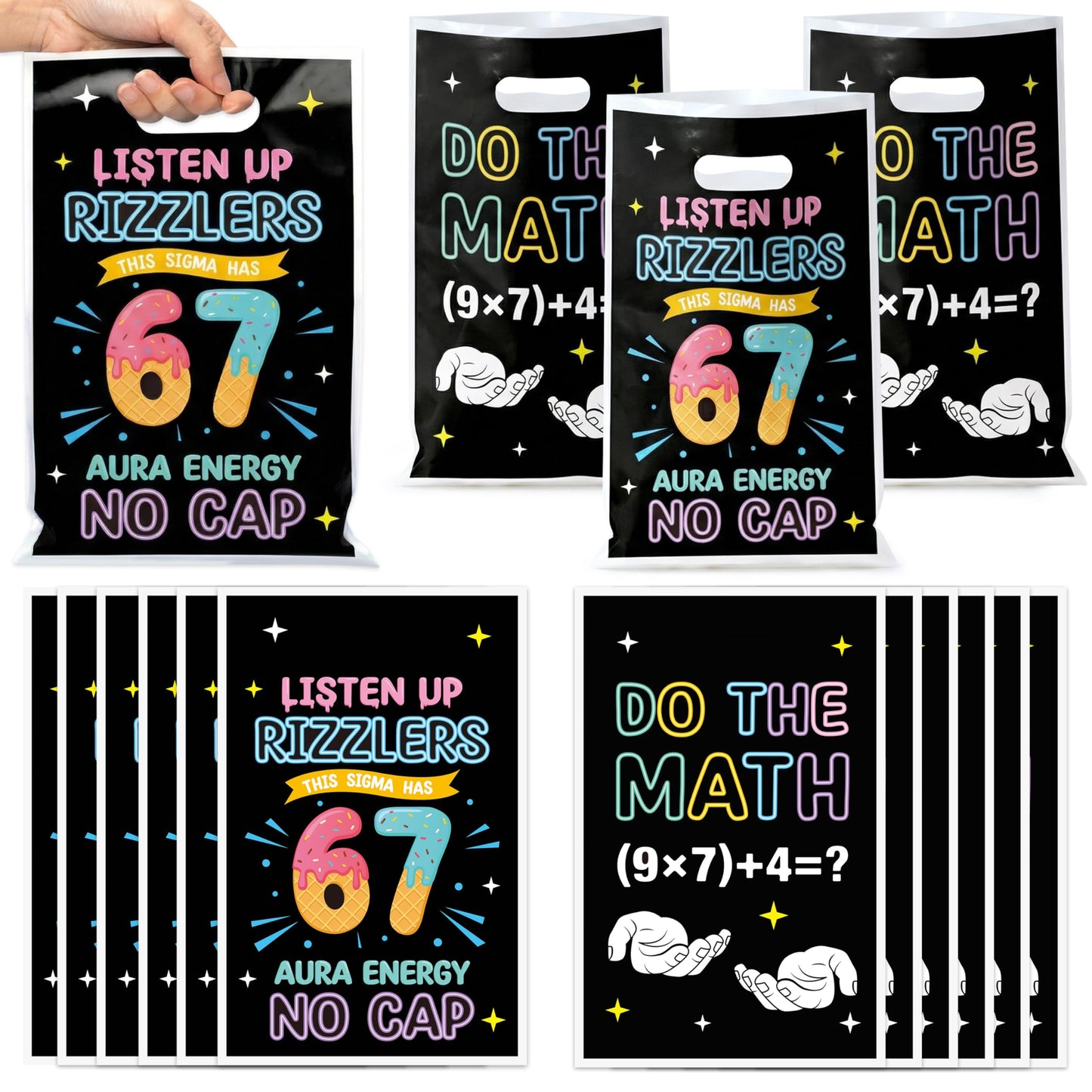 ArianQicult 6 7 Meme Party Favor Bag 50Pcs Funny 6 7 Birthday Goody Candy Treat Gift Bags, Six Seven Number Ice Cream Theme Part