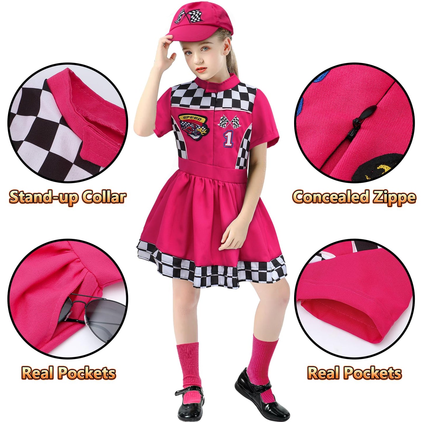 G.C 8Pcs Kids Girls Race Car Driver Costume Toddler Racing Suit Rose Red Racer Dress Costumes Accessories Car Cap Knee Socks Sunglasses Flags Halloween Dress Up Clothes (M(8-9Y))