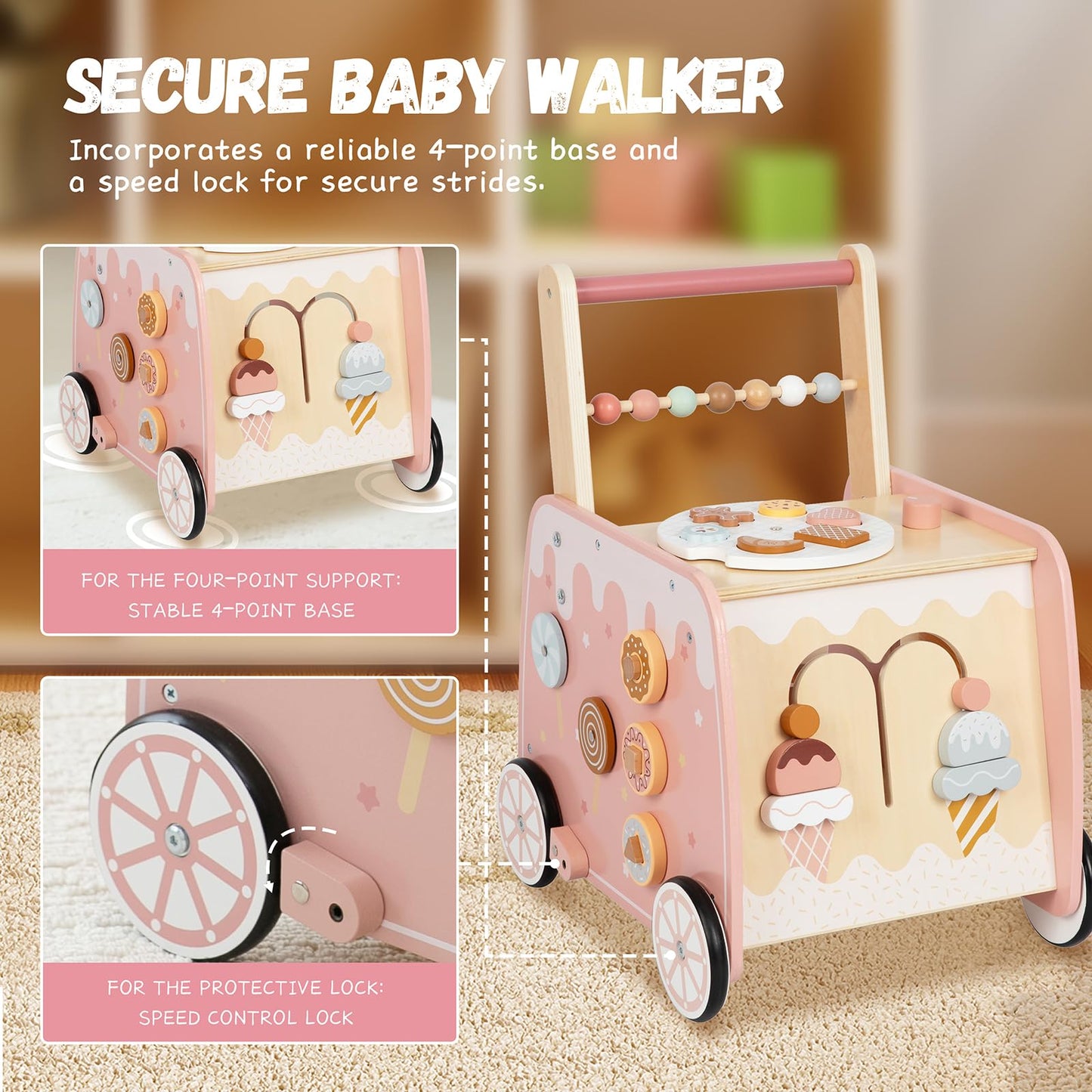 Wooden Baby Walker, Multifunctional Ice Cream Cart Activity Toy For Learning To Push Walk With Wheels, Pretend Playset Ideal For