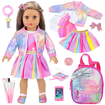 Unicorn Element American 18 Inch Doll Clothes And Accessories Makeup Playset Include 18 Inch Doll Clothes, Skirt, Backpack, Bracelet, Hair Clip, Phone And Makeup Sets(No Doll And Shoes)