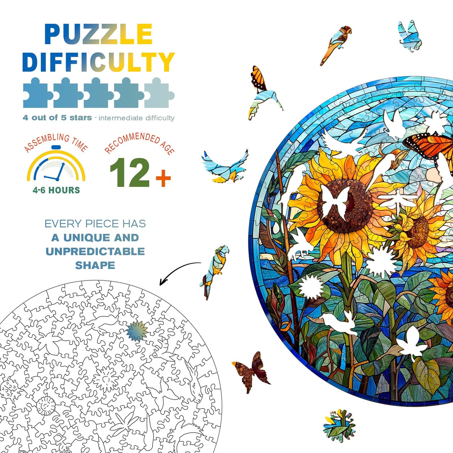 Wooden Puzzles For Adults - Unique Shaped Wooden Puzzles For Adults And Kids - Stained Glass Sunflower Wooden Jigsaw Puzzles - C