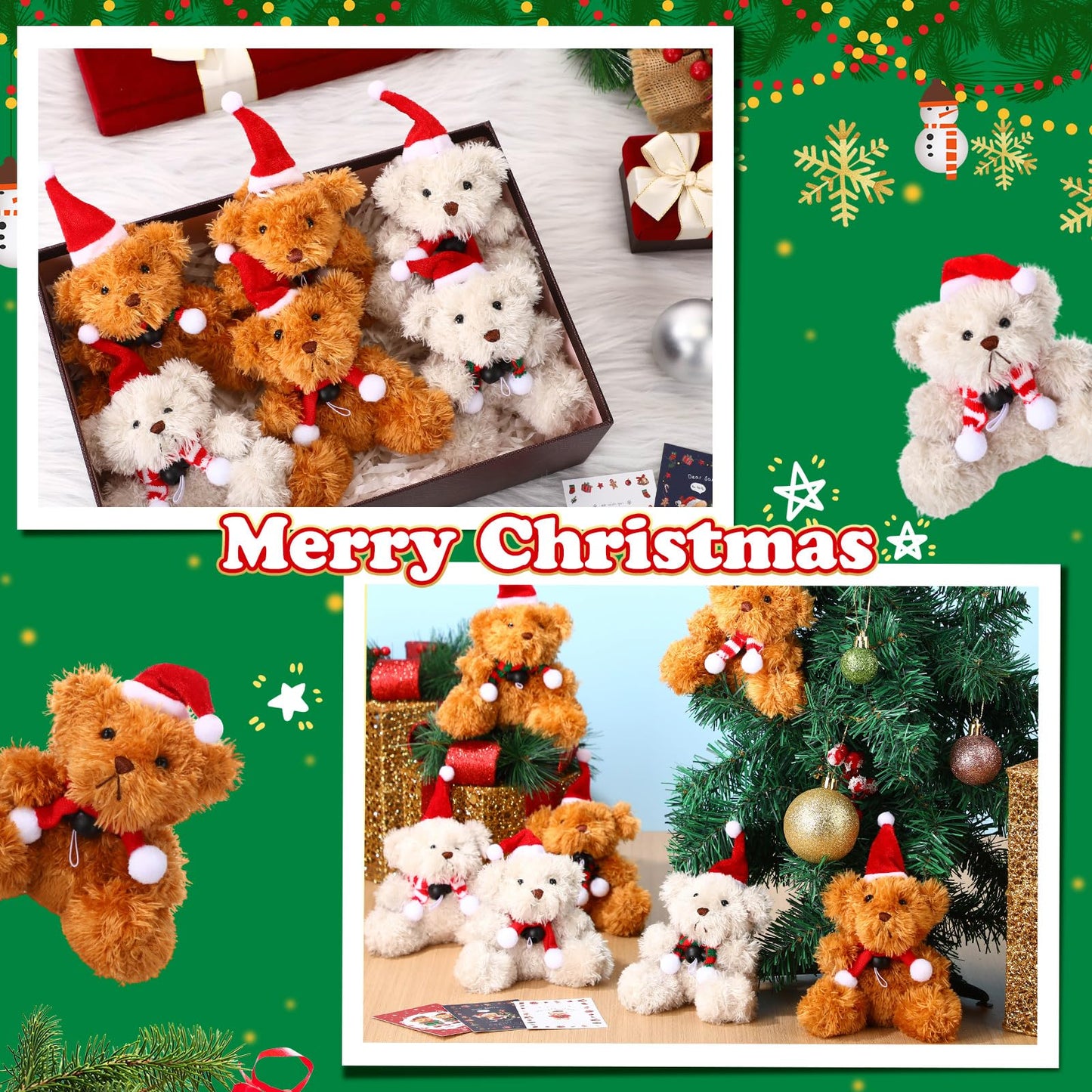 Foilswirl 24 Sets Christmas Mini Plush Bear 4 Inch Stuffed Animal Bulk Small Soft Bear Toys With Santa Hat Scarf Cards Gift Bags