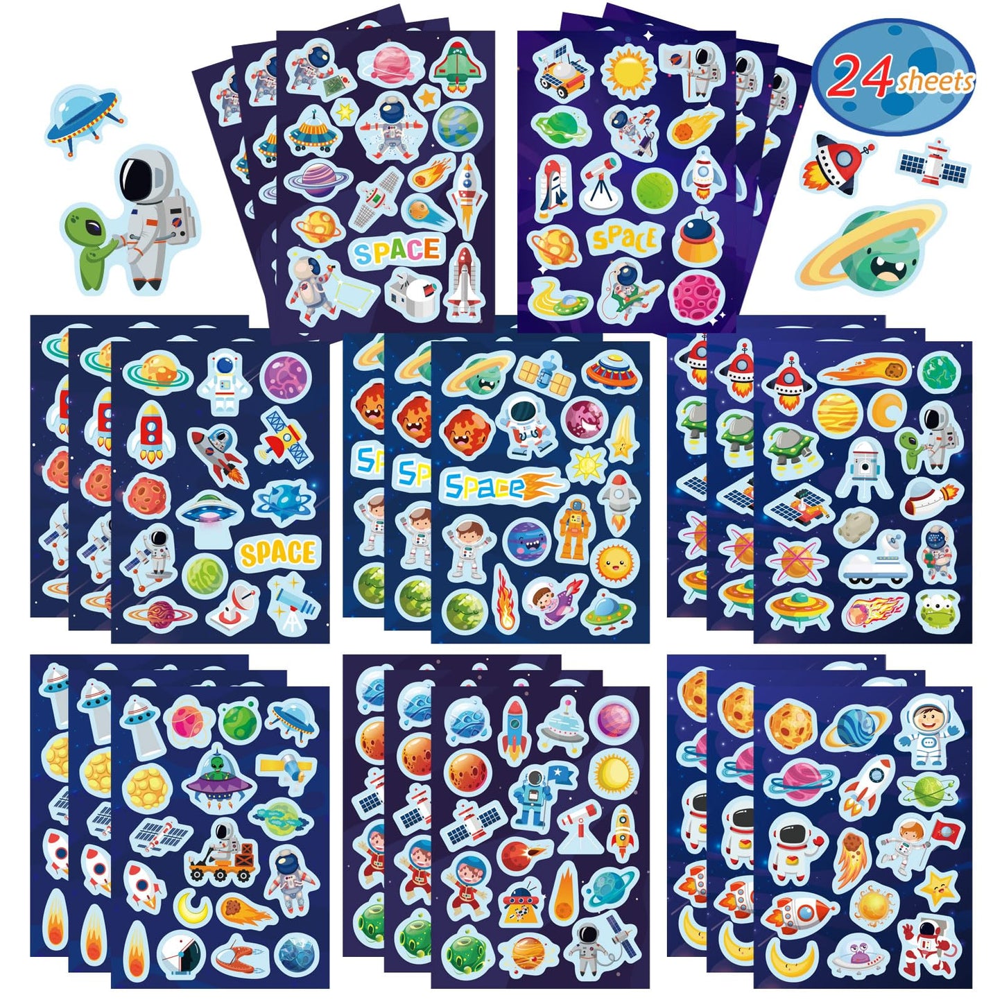 24 Sheets Space Themed Sticker Set - 8 Planets, Astronauts, Spaceships, And Rockets Explore Space Stickers For Kids Outer Space