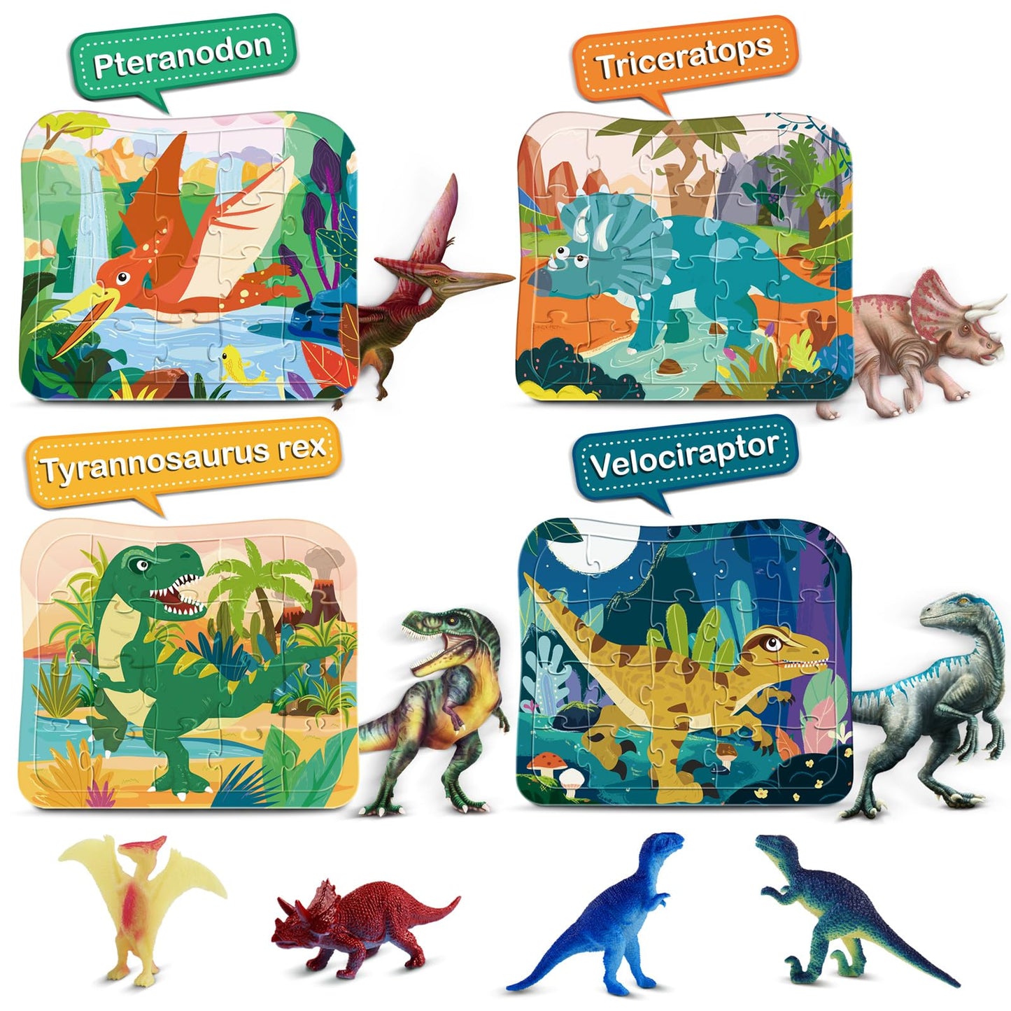 Zippytots Wooden Dinosaur Puzzles for Kids Ages 4-6, 4 in 1 Gift Box 4-Pack 20-Piece Jigsaw Puzzles Come with 4 Small Dino Figur