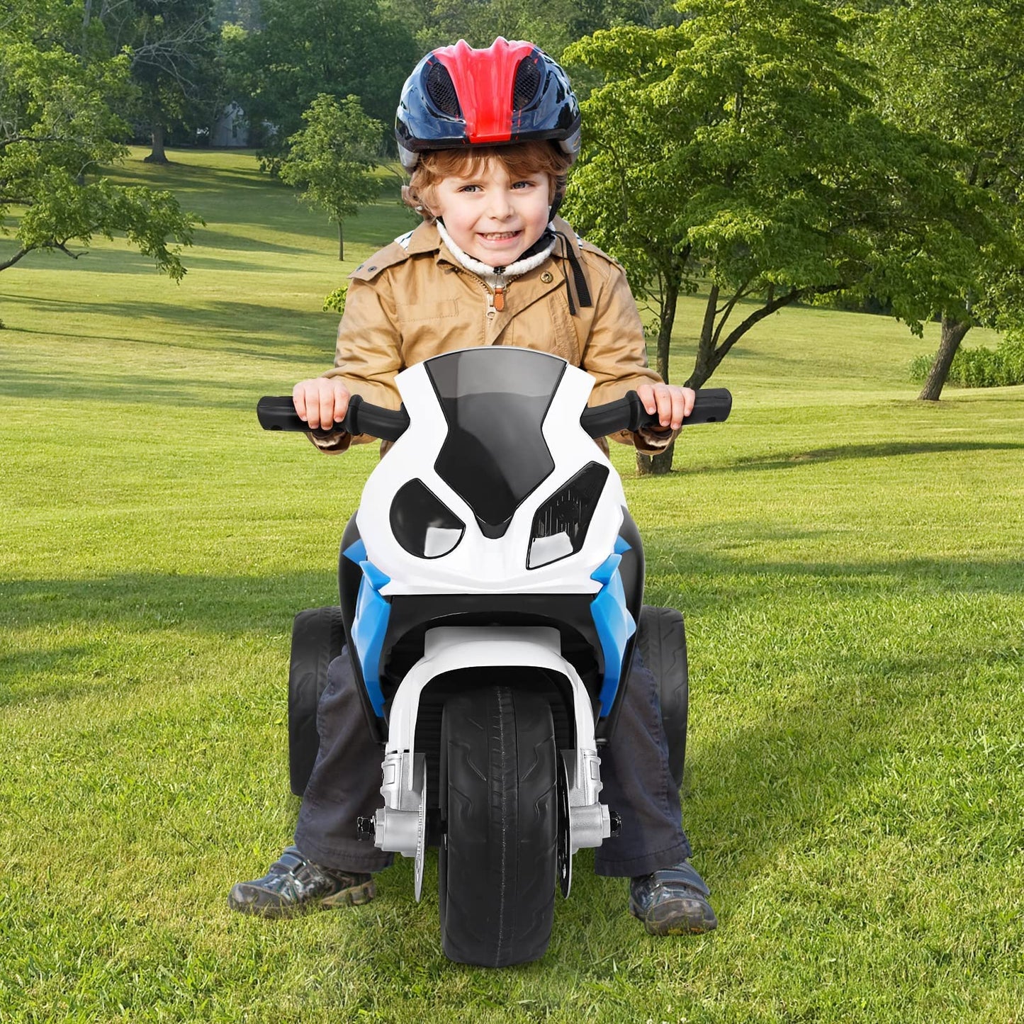 OLAKIDS Kids Ride on Motorcycle, 6V Licensed BMW Electric Motor with Music, Foot Pedal, Headlight, Leather Seat Cushion, 3 Wheel