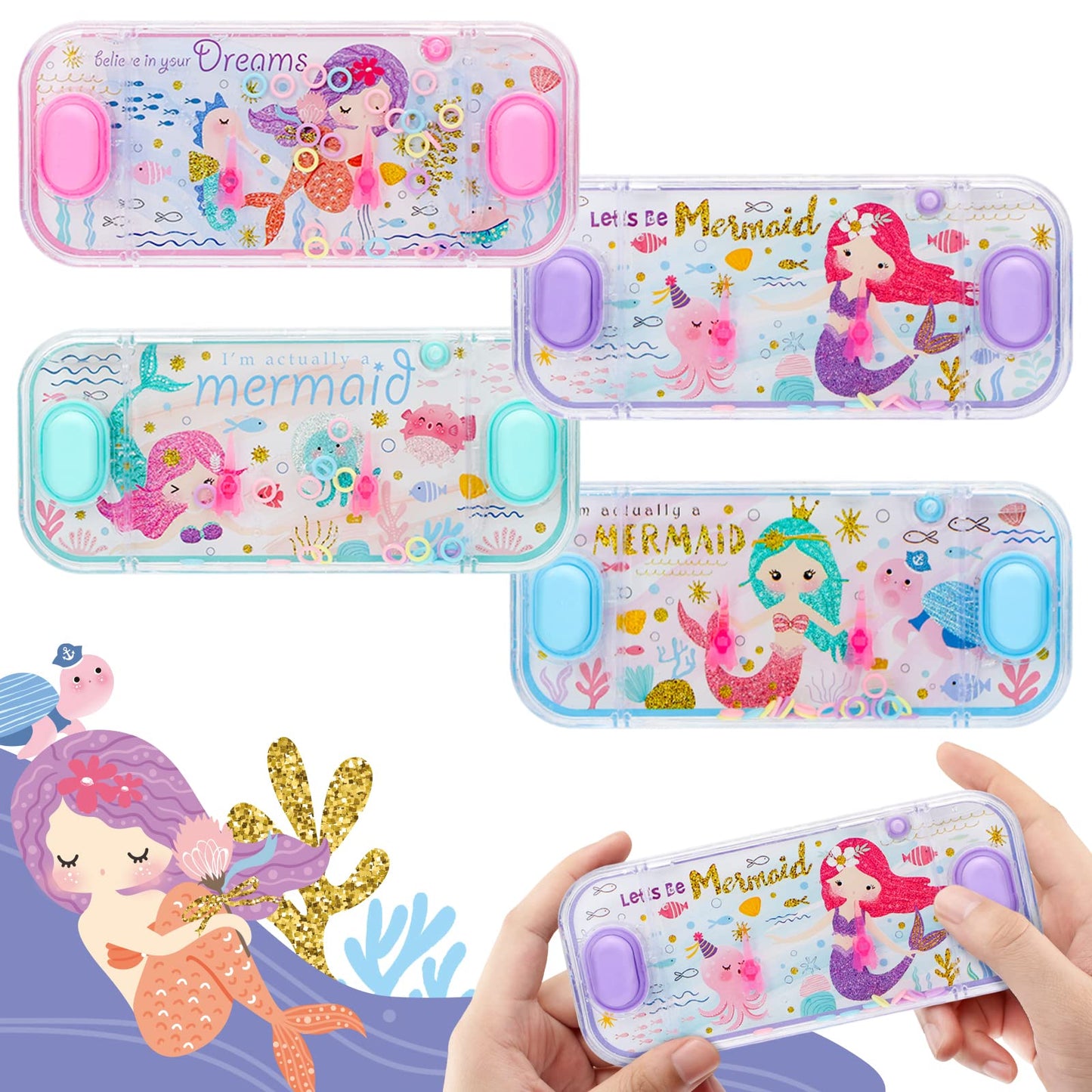 Sevenq Handheld Water Games, 4 Packs Mermaid Theme Water Toss Ring Game Aqua Toy Water Ring Game For Kids Handheld Stocking Stuffers