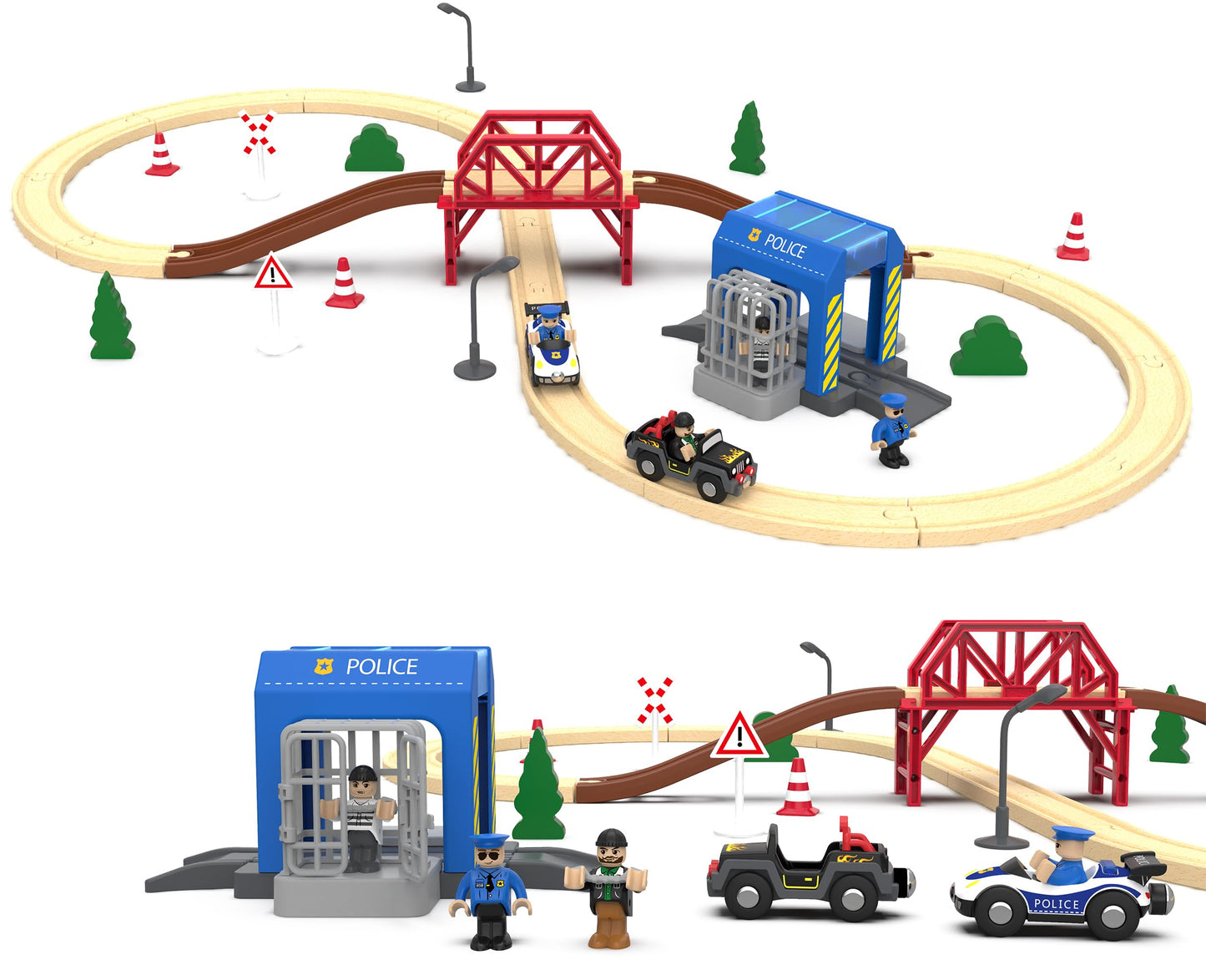 Wooden Train Set For Toddlers, 52Pcs Train Toy With Railway Track For Kids, Wooden Train Tracks Include Expansion Pack Compatible With Thomas, Brio, Chuggington