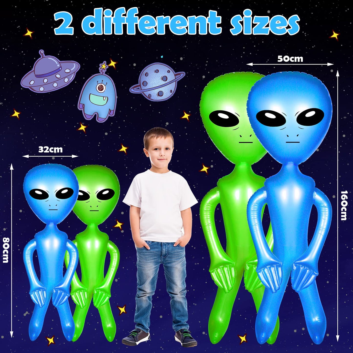 Zhanmai 4 Pcs 63 Inch 35 Inch Inflatable Alien Jumbo Alien Party Decorations Alien Balloon Inflate Alien For Halloween Party Favors(Green, Blue)