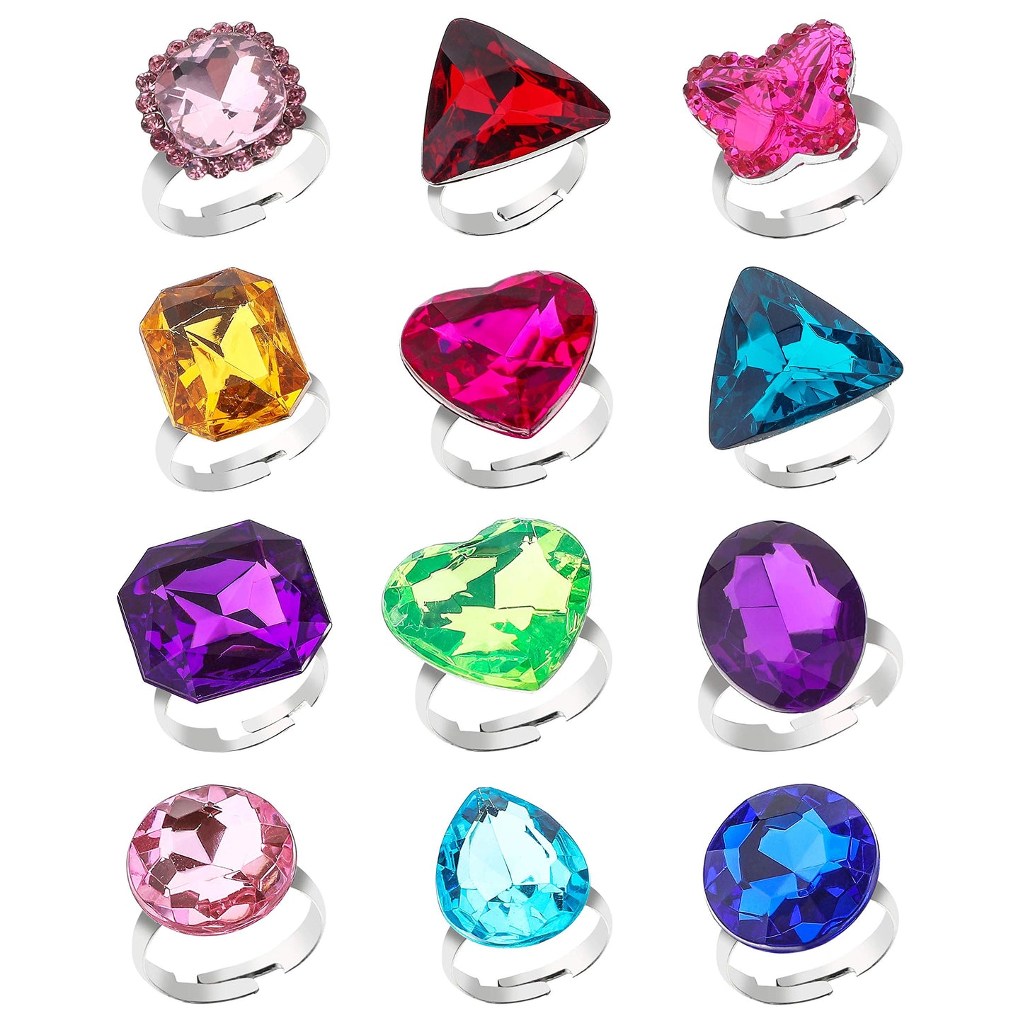RICHNESS Adjustable Little Girl Jewel Rings Kids Gift Play Rings Multi Shapes Colorful Princess Pretend Jewel Rings Box Packed 1