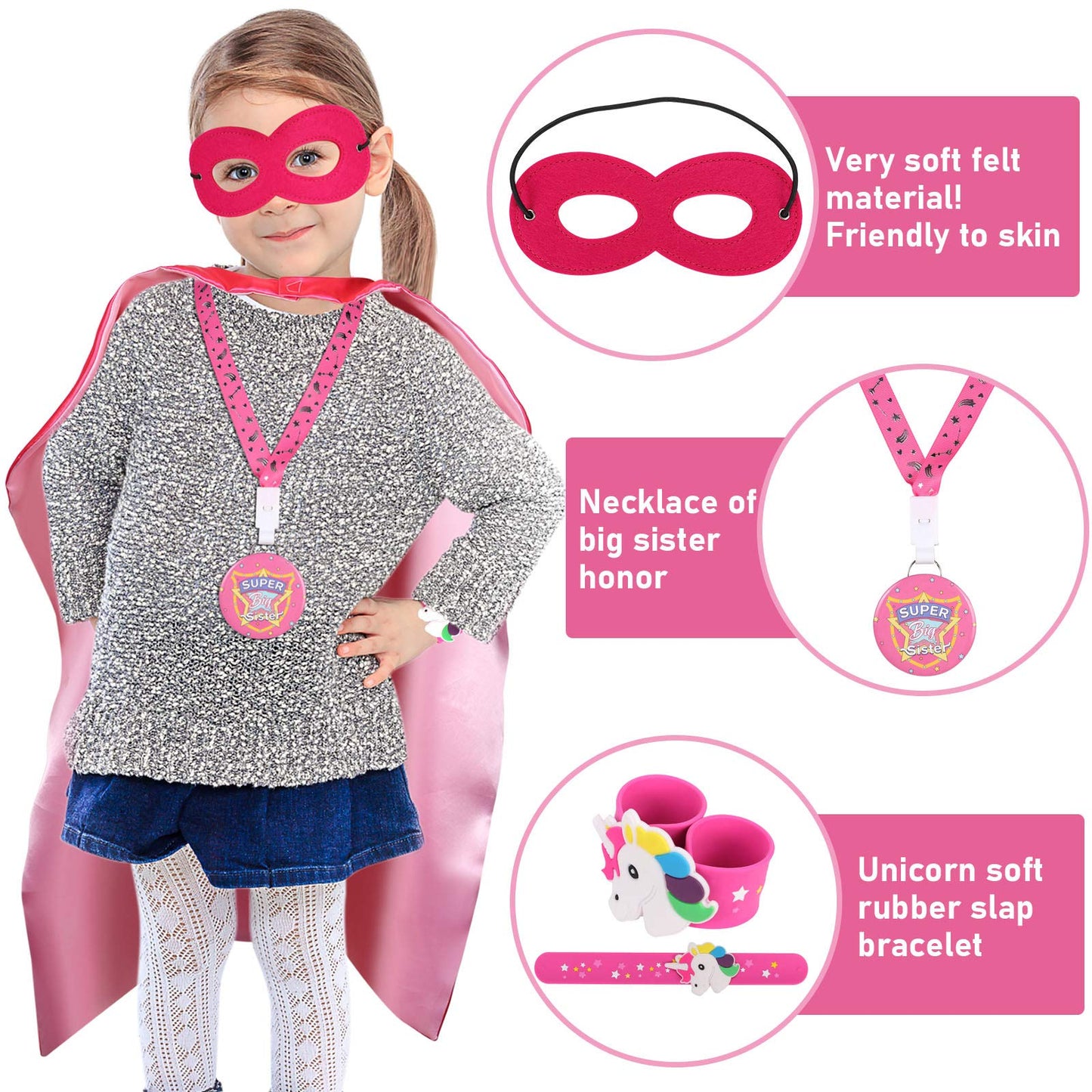 Golray Super Big Sister Gifts Set With Superhero Cape Eyemask Unicorn Slap Bracelets Necklace, Drawstring Backpack, Unicorn Keychain, Insulated Plastic Tumbler Cup Big Sister Gifts For Little Girls