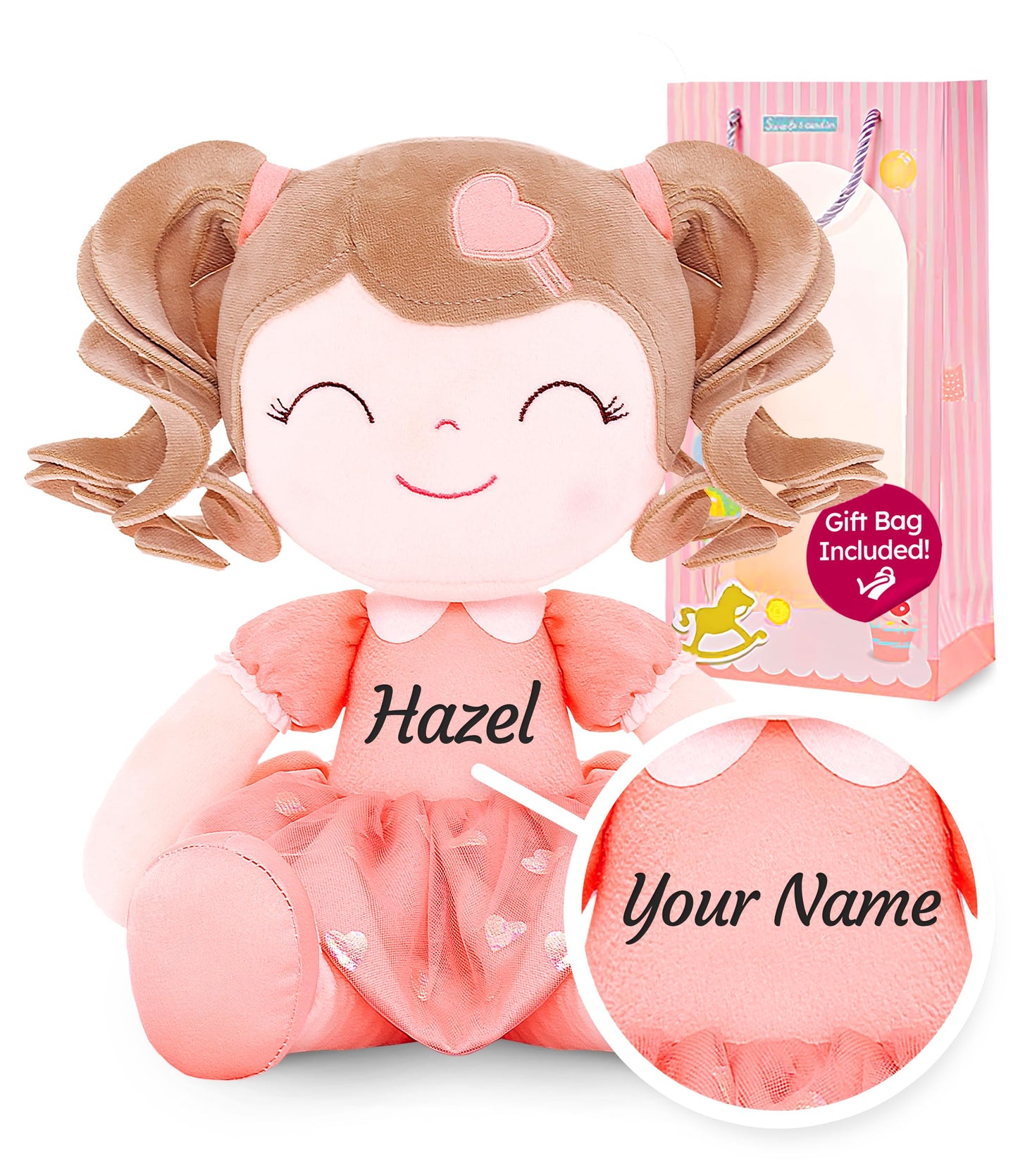 Gloveleya Personalized Curly Doll With Your Name - Cute Custom Orange Soft Plush Doll For Girls Plush Doll Customized Gifts