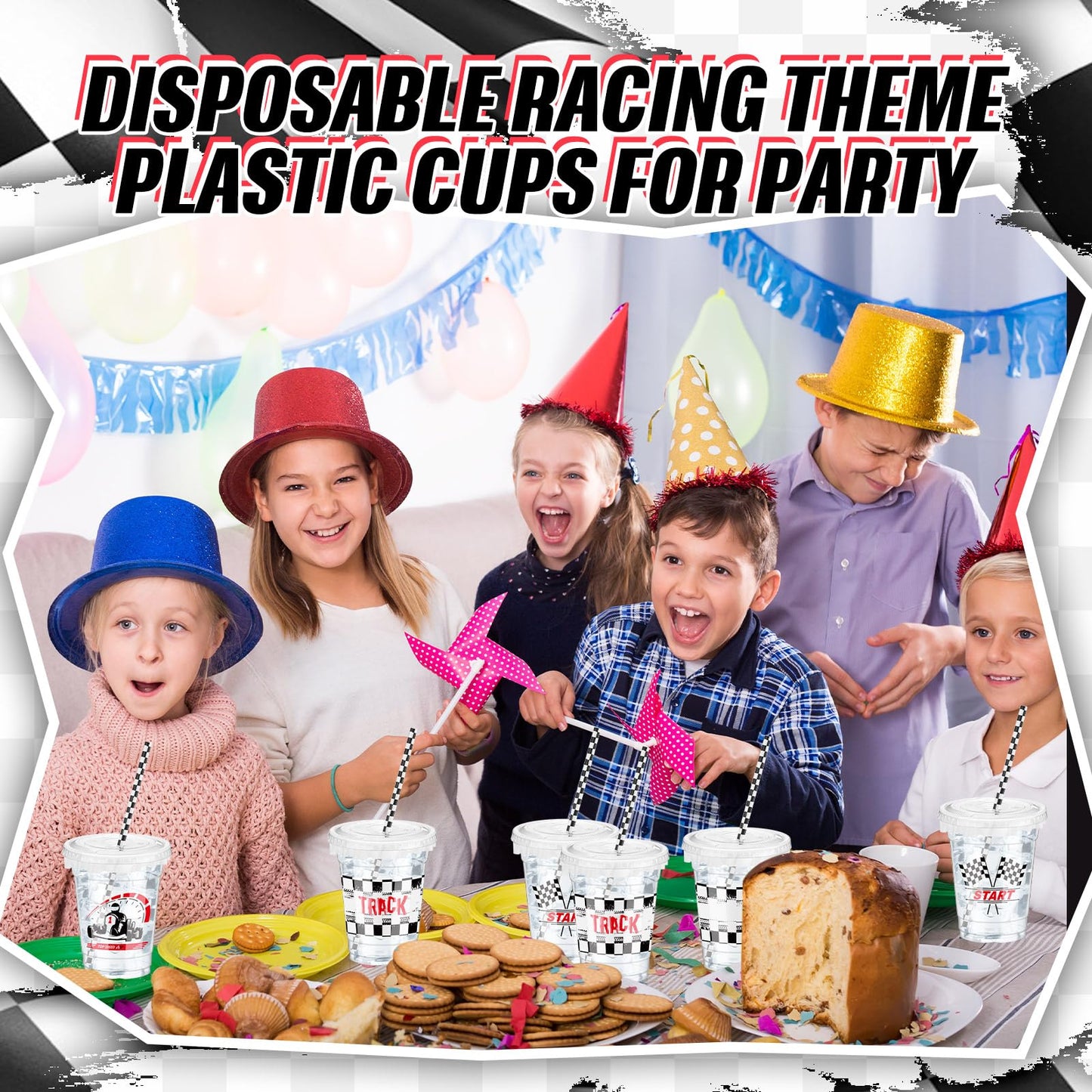 Foldtier 50 Pcs Checkered Racing Party Plastic Cup 12 Oz Checkered Flag Thick Clear Cup Black And White Checkered Cups Race Car