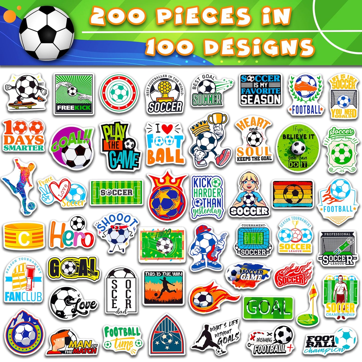 Wakemoodei Soccer Stickers 200Pcs Soccer Sports Stickers For Boys, Waterproof Vinyl Stickers For Water Bottles, Kids Stickers So