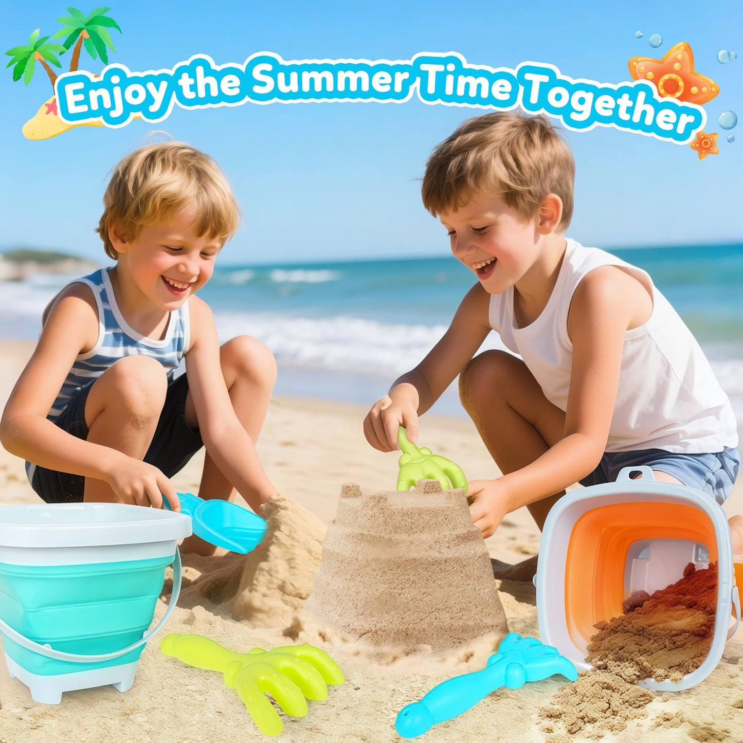 Gkdoms Kids Beach Toys Set With Collapsible Bucket, Sand Rake And Shovel, Turquoise And Orange, Ages 2-6, 2Pack Travel Toys (Two