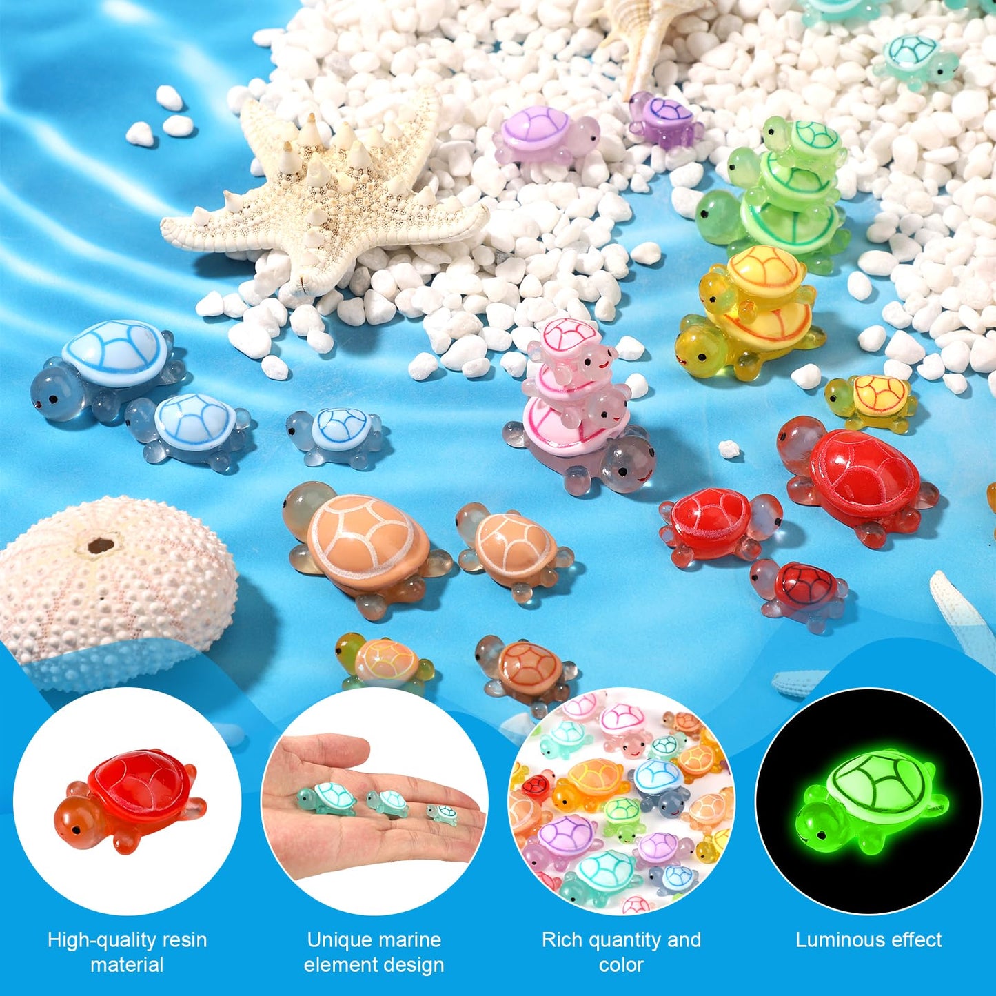 Lyreh 30Pcs Mini Resin Turtles, 3 Sizes Miniature Tiny Cute Figurines 10 Colors Glow In The Dark Micro Figures Small Resin Anima