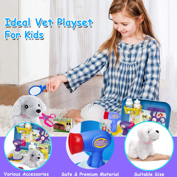 TEUVO Pet Care Playset, 16Pcs Kids Doctor Kit with Plush Dog & Backpack for Dog Grooming & Feeding, Pet Doctor Pretend Play Toys