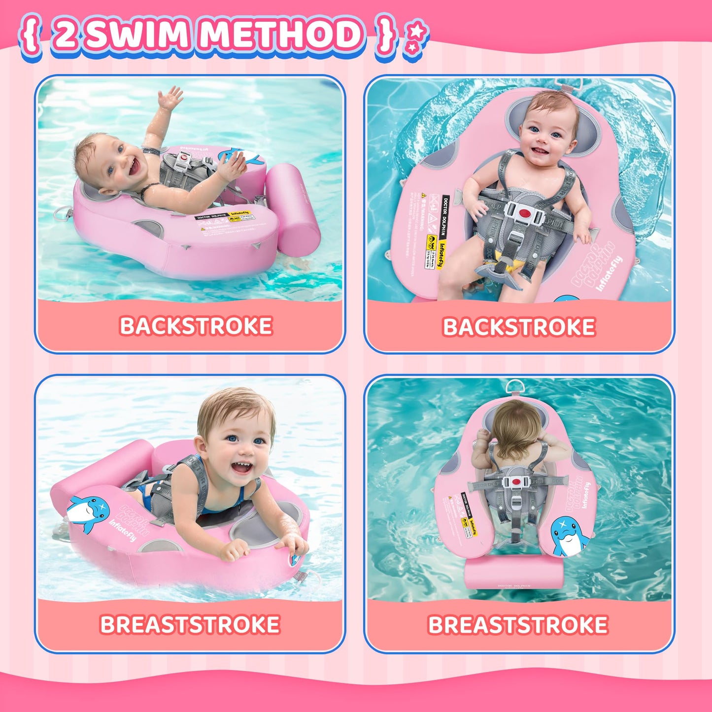INFLATEFLY Baby Swim Float with Protection Sunshade Infant Pool Float Add Tail for 3-24 Months (Pink)
