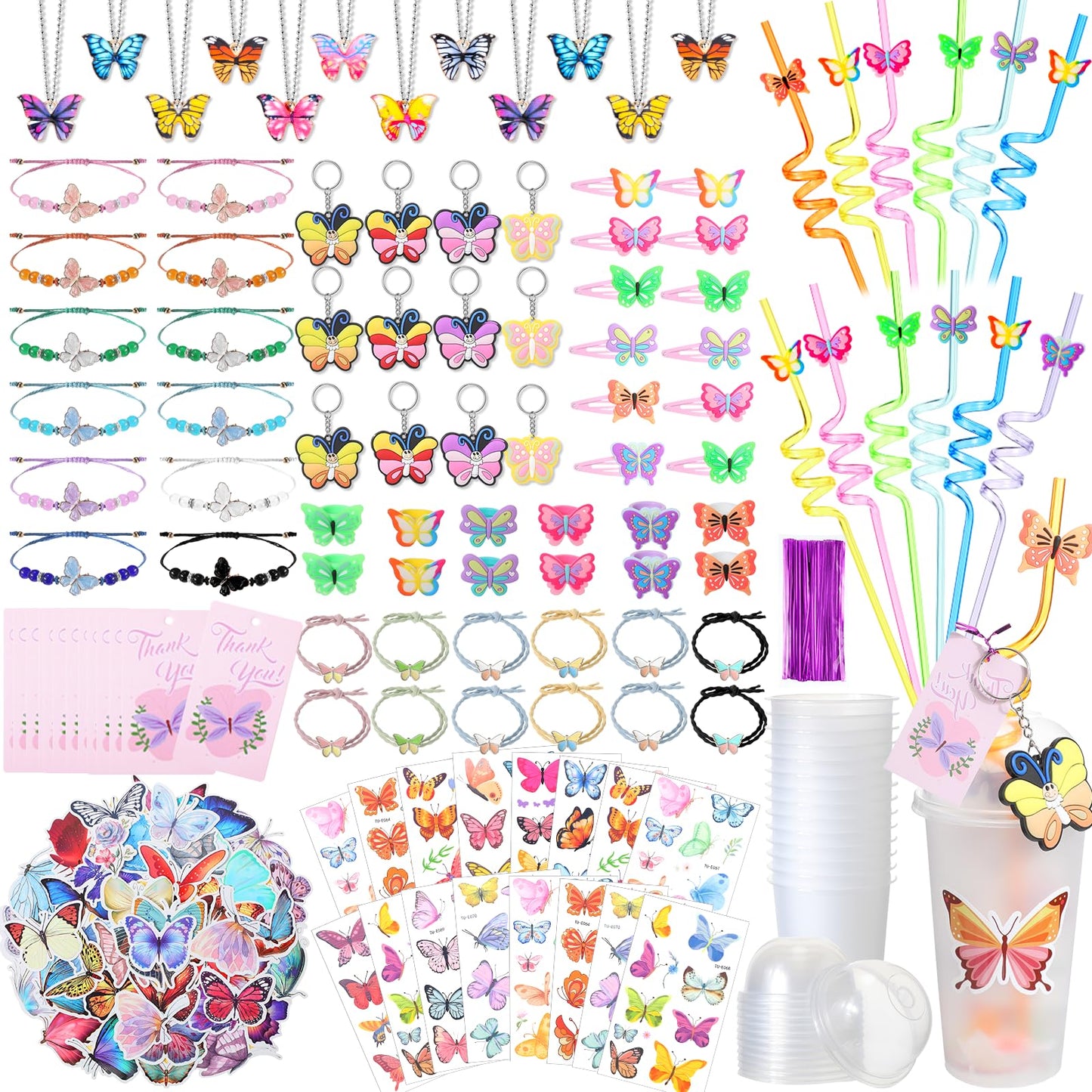 Ecally Butterfly party for Butterfly Keychain Hairpins Stickers Bracelet Ring Necklace Tattoo Straws Plastic Cups with Dome Lids
