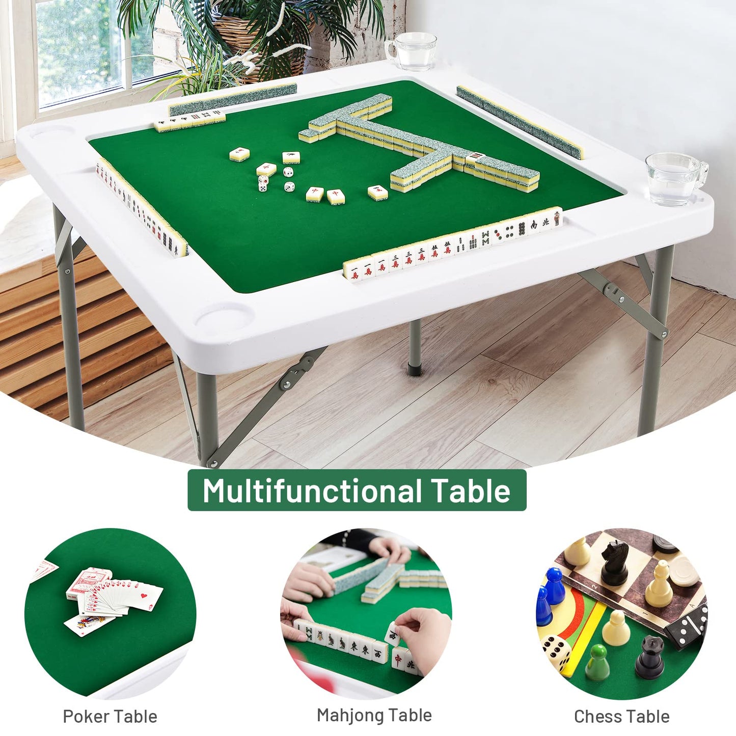 Goplus Classic Foldable Mahjong Table, 35' Square Green, 4 Cup Holders & 4 Chip Grooves, Foldable For Adults Domino Game, Camping